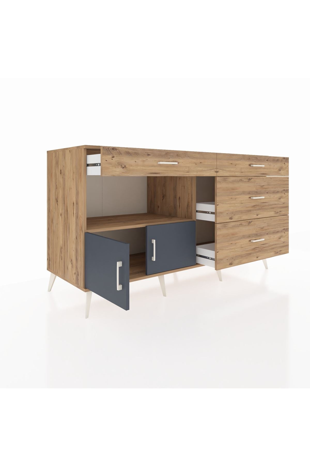 Kronos Konsol Tek Raflı 4 Çekmeceli 2 Kapaklı 176x59x99 Çam-Antrasit/Çam