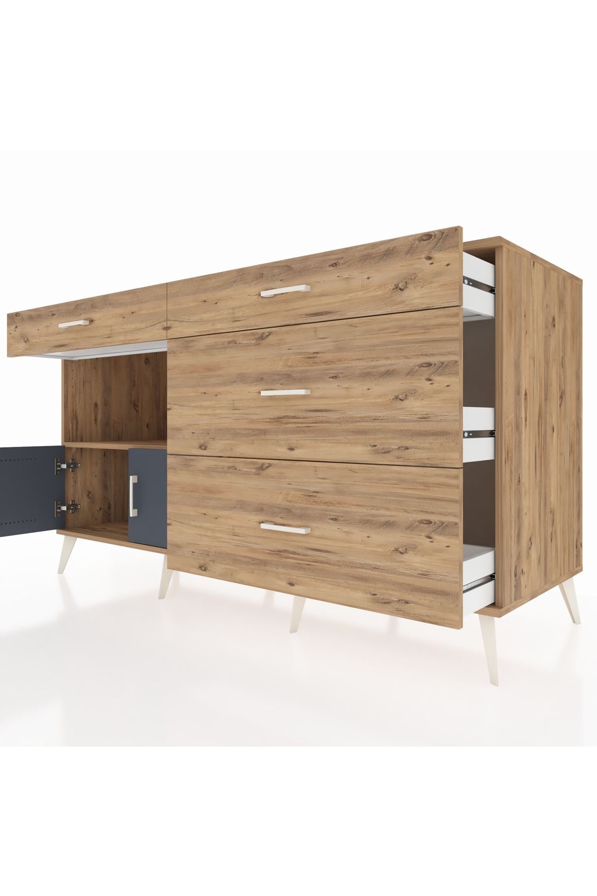 Kronos Konsol Tek Raflı 4 Çekmeceli 2 Kapaklı 176x59x99 Çam-Antrasit/Çam