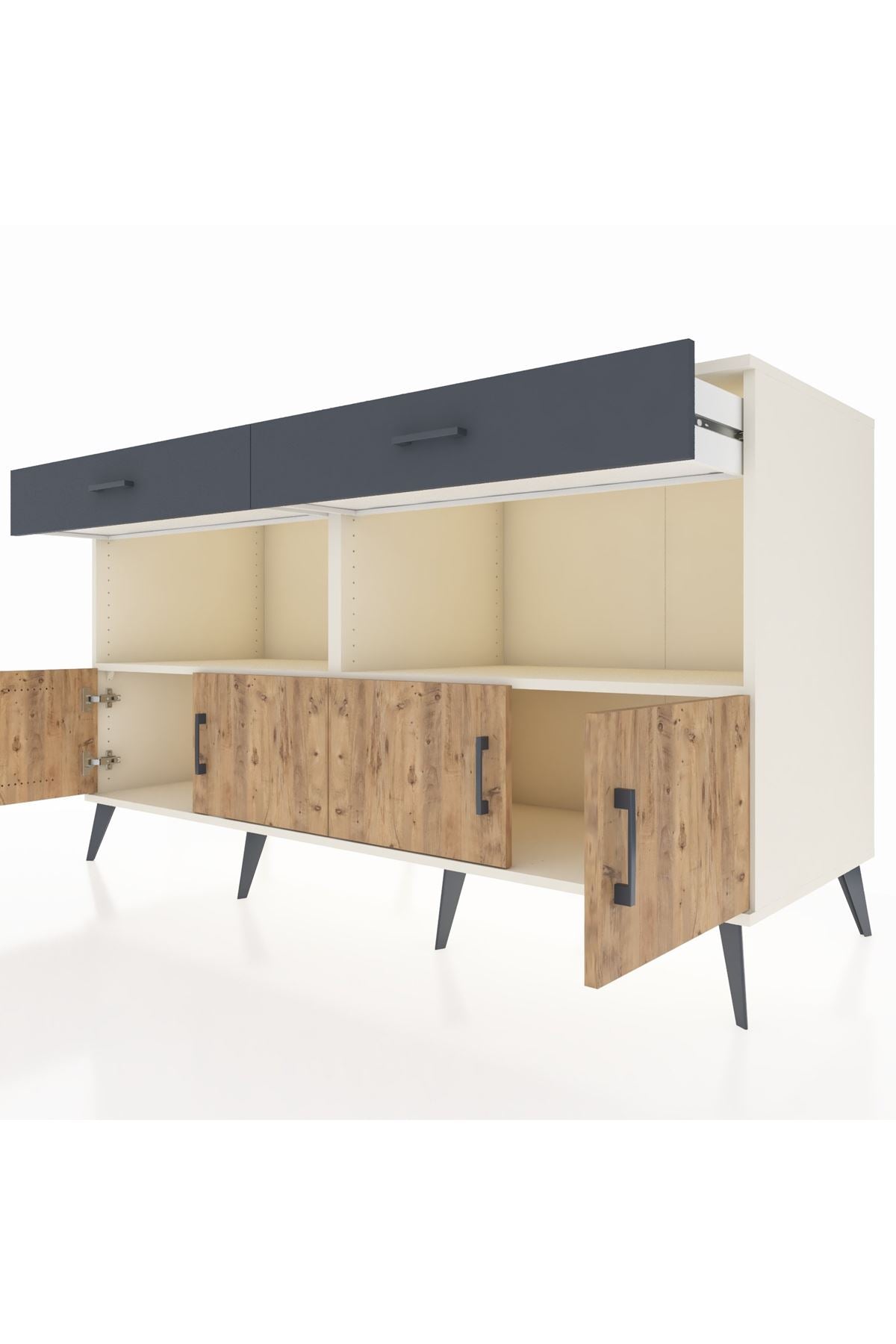 Kronos Konsol 2 Raflı 2 Çekmeceli 4 Kapaklı 176x59x99 Aytaşı-Çam/Antrasit