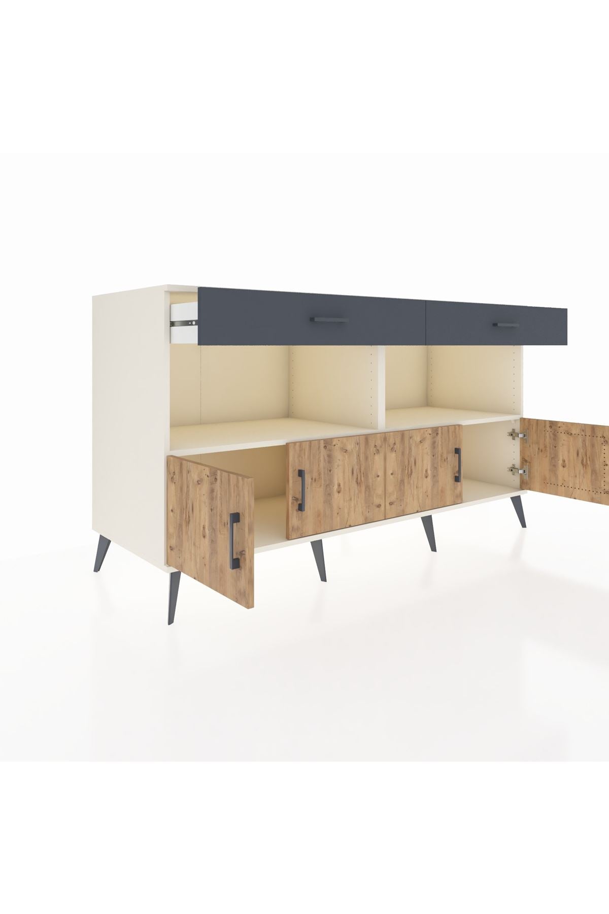 Kronos Konsol 2 Raflı 2 Çekmeceli 4 Kapaklı 176x59x99 Aytaşı-Çam/Antrasit