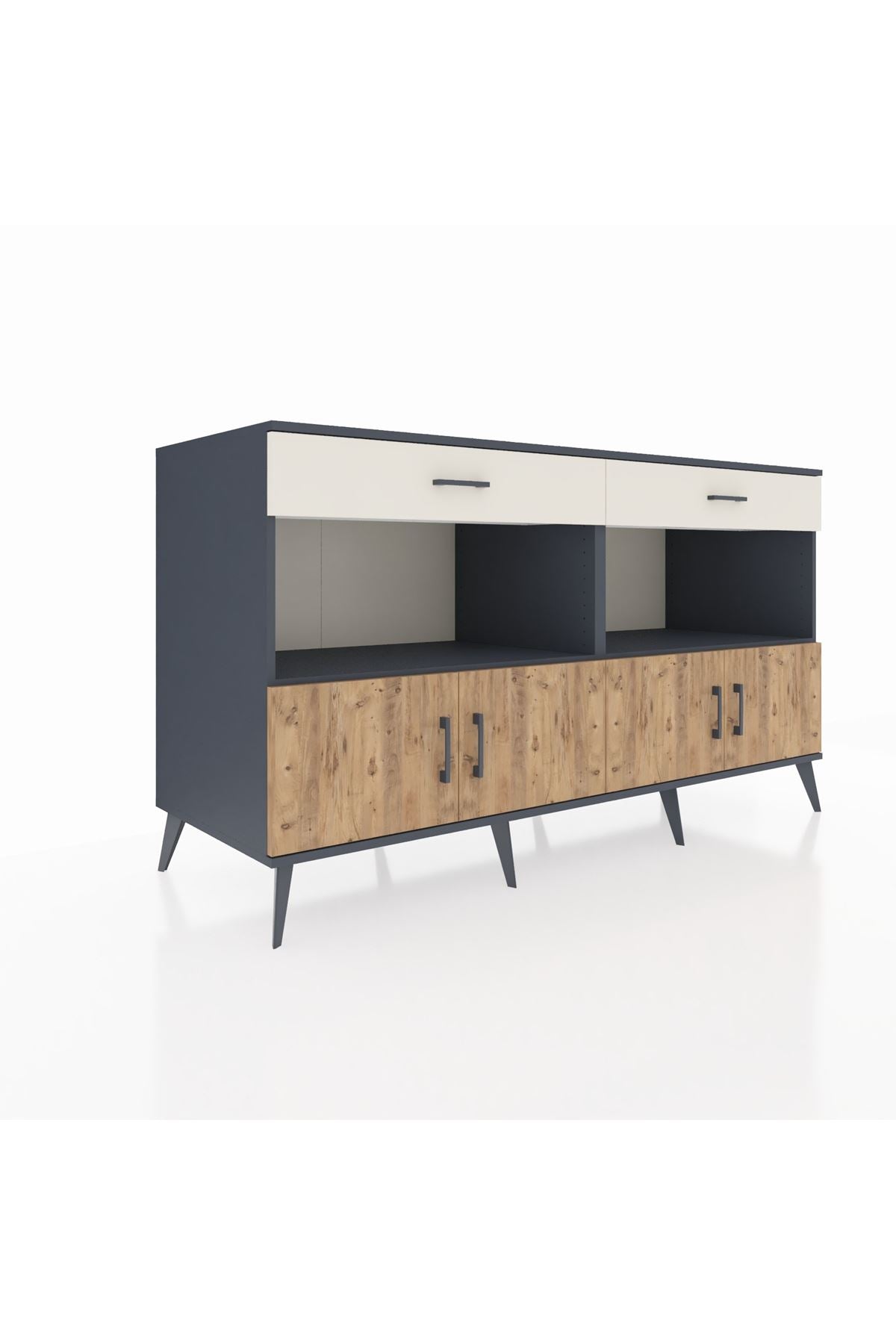 Kronos Konsol 2 Raflı 2 Çekmeceli 4 Kapaklı 176x59x99 Antrasit-Çam/Aytaşı