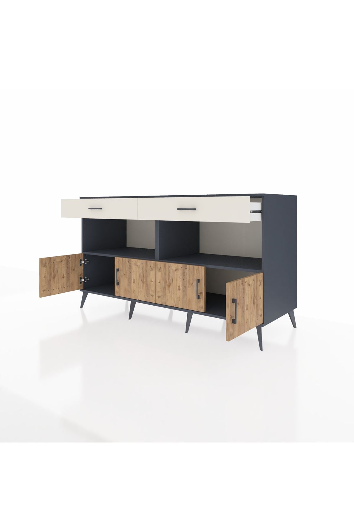 Kronos Konsol 2 Raflı 2 Çekmeceli 4 Kapaklı 176x59x99 Antrasit-Çam/Aytaşı