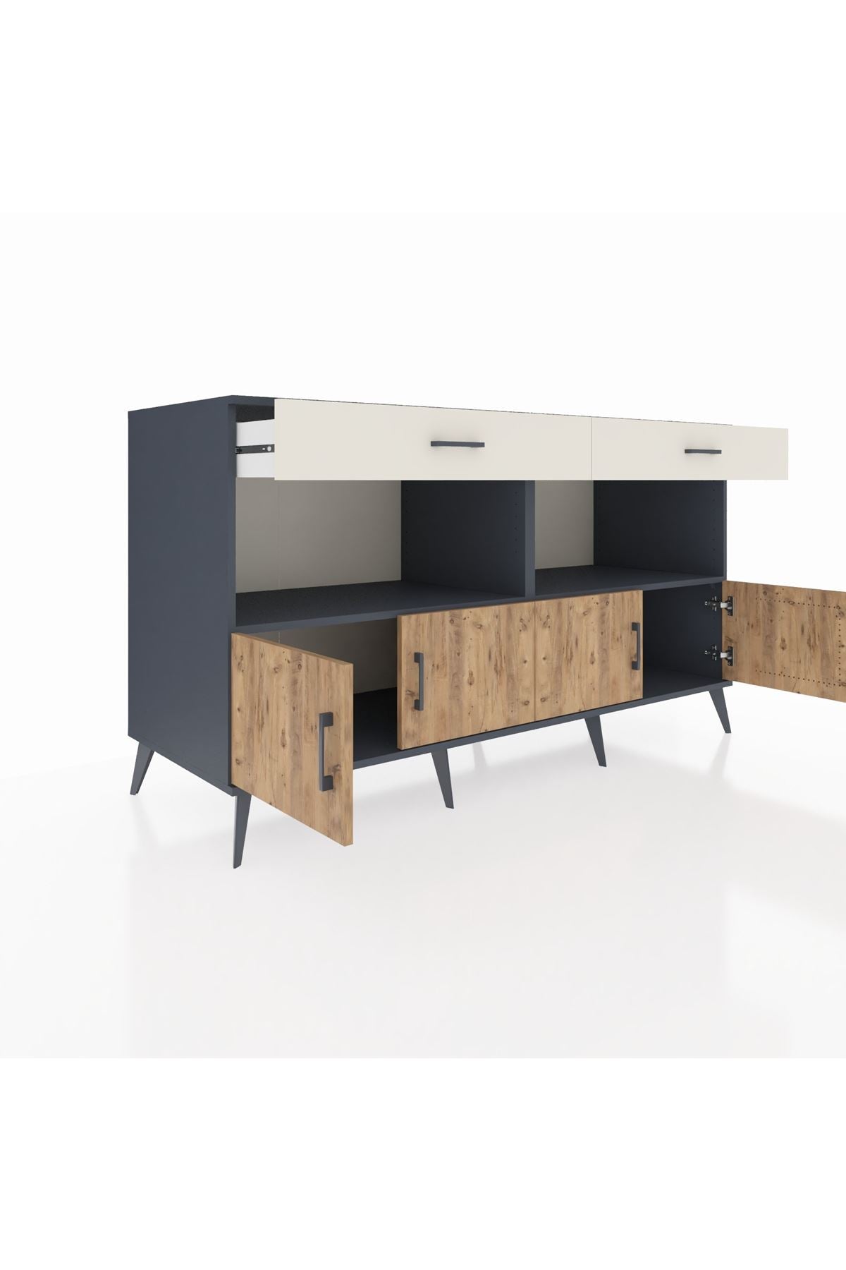 Kronos Konsol 2 Raflı 2 Çekmeceli 4 Kapaklı 176x59x99 Antrasit-Çam/Aytaşı