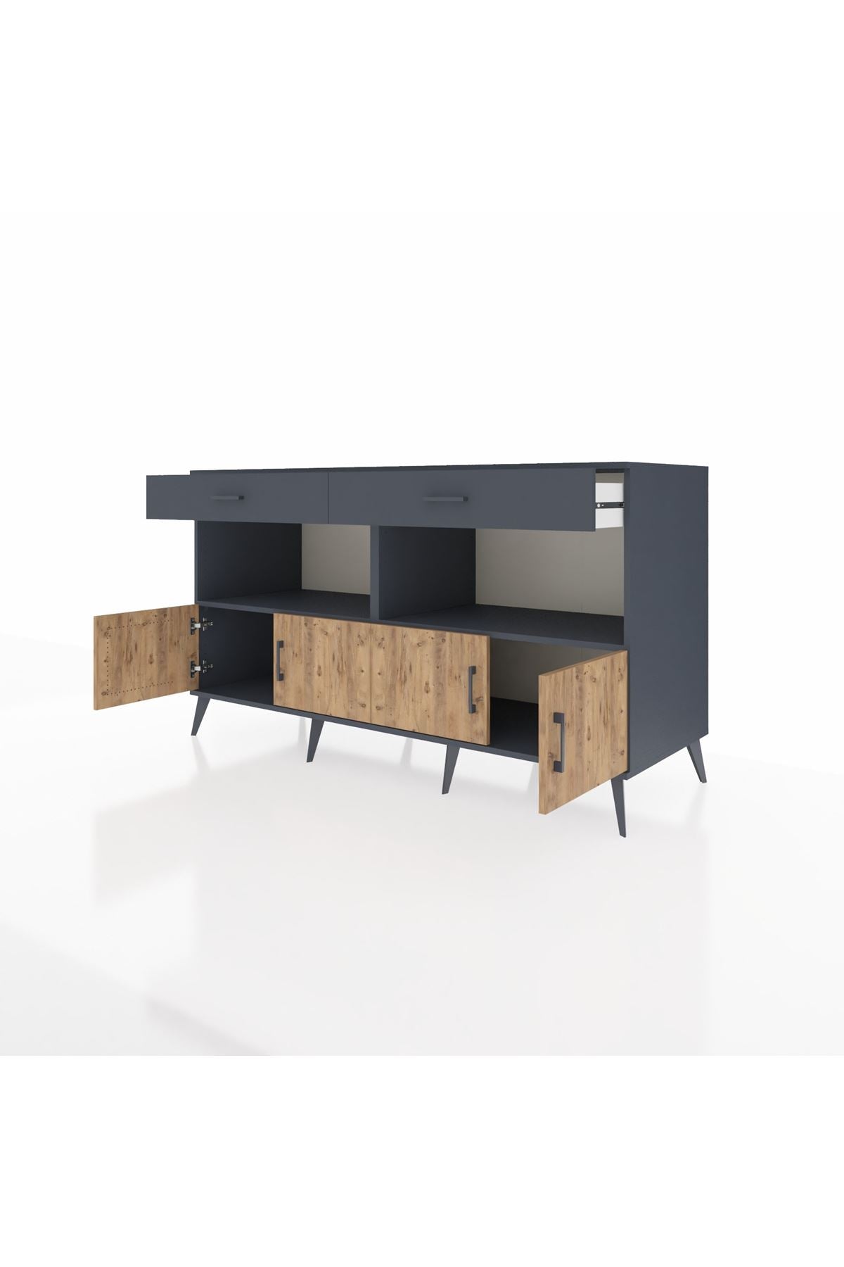 Kronos Konsol 2 Raflı 2 Çekmeceli 4 Kapaklı 176x59x99 Antrasit-Çam/Antrasit