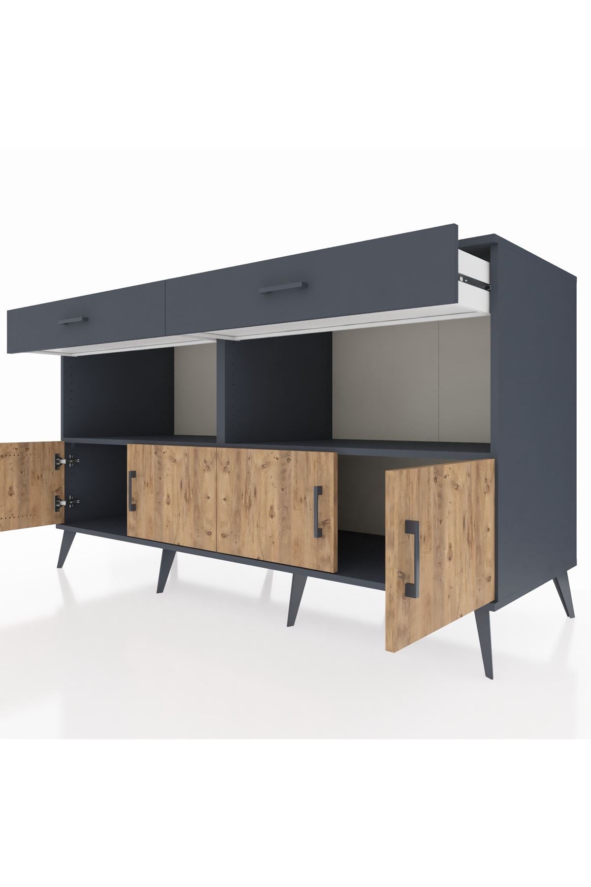 Kronos Konsol 2 Raflı 2 Çekmeceli 4 Kapaklı 176x59x99 Antrasit-Çam/Antrasit