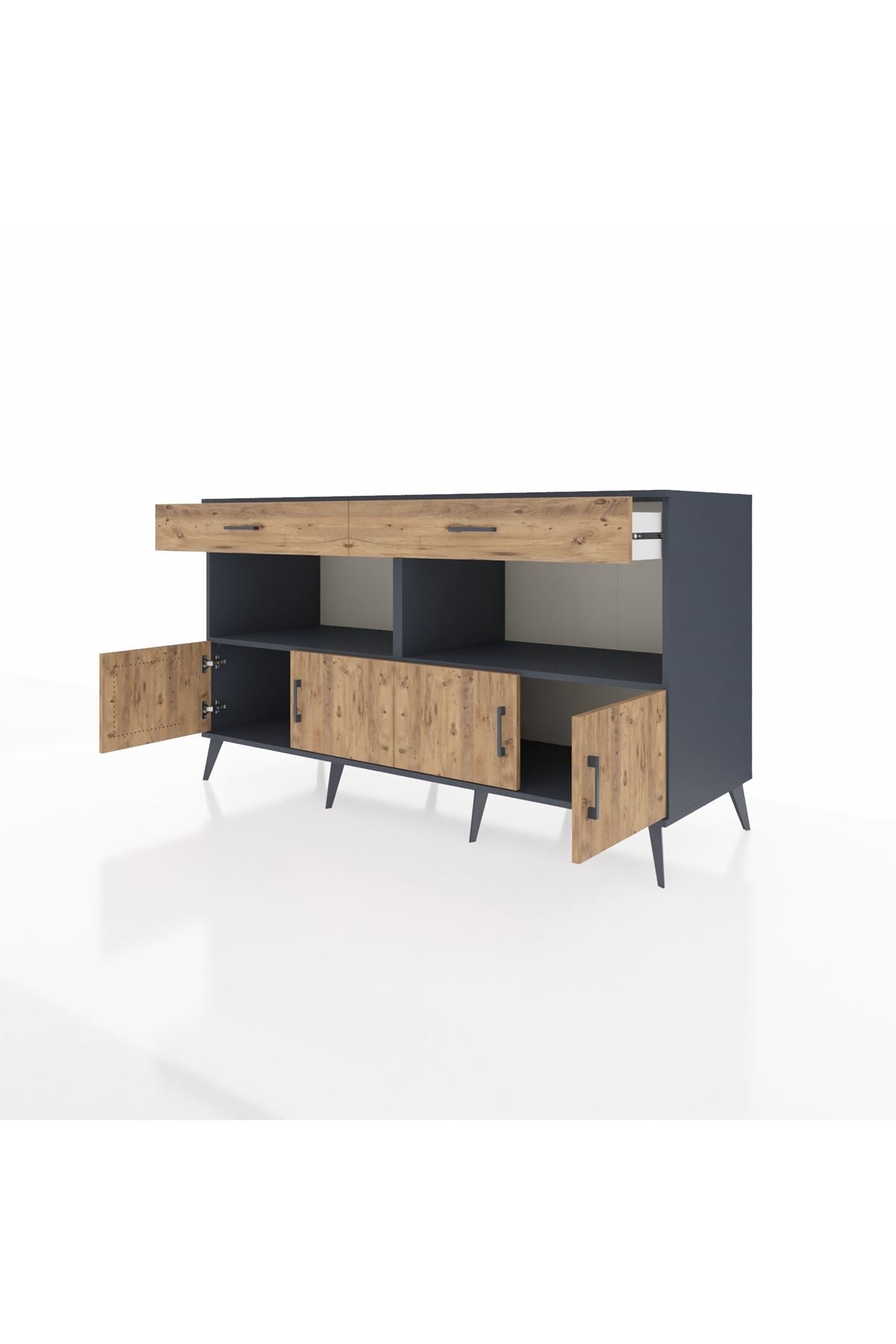 Kronos Konsol 2 Raflı 2 Çekmeceli 4 Kapaklı 176x59x99 Antrasit-Çam