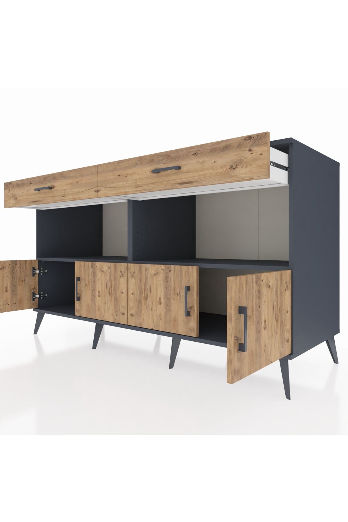 Kronos Konsol 2 Raflı 2 Çekmeceli 4 Kapaklı 176x59x99 Antrasit-Çam