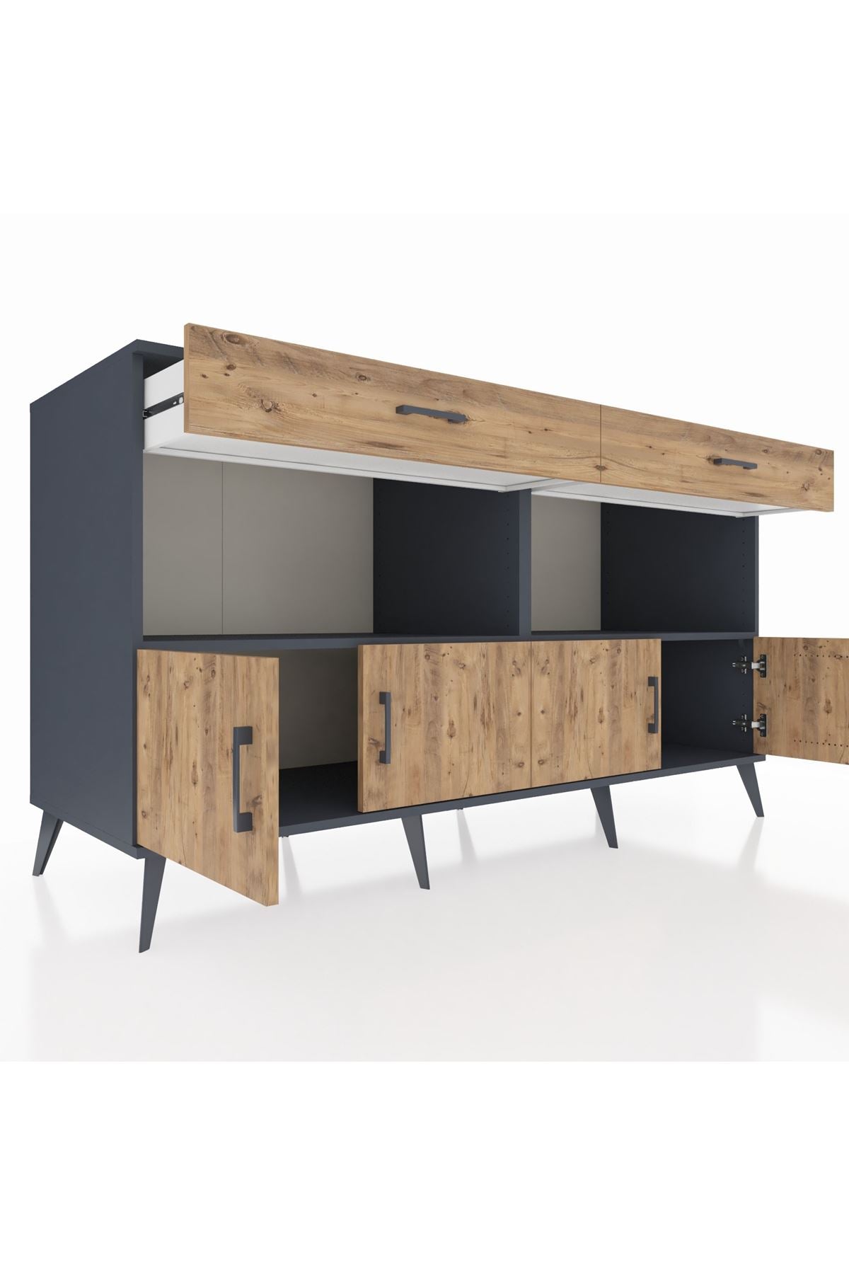 Kronos Konsol 2 Raflı 2 Çekmeceli 4 Kapaklı 176x59x99 Antrasit-Çam