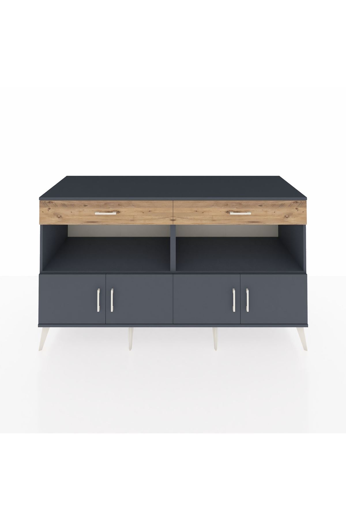 Kronos Konsol 2 Raflı 2 Çekmeceli 4 Kapaklı 176x59x99 Antrasit-Antrasit/Çam