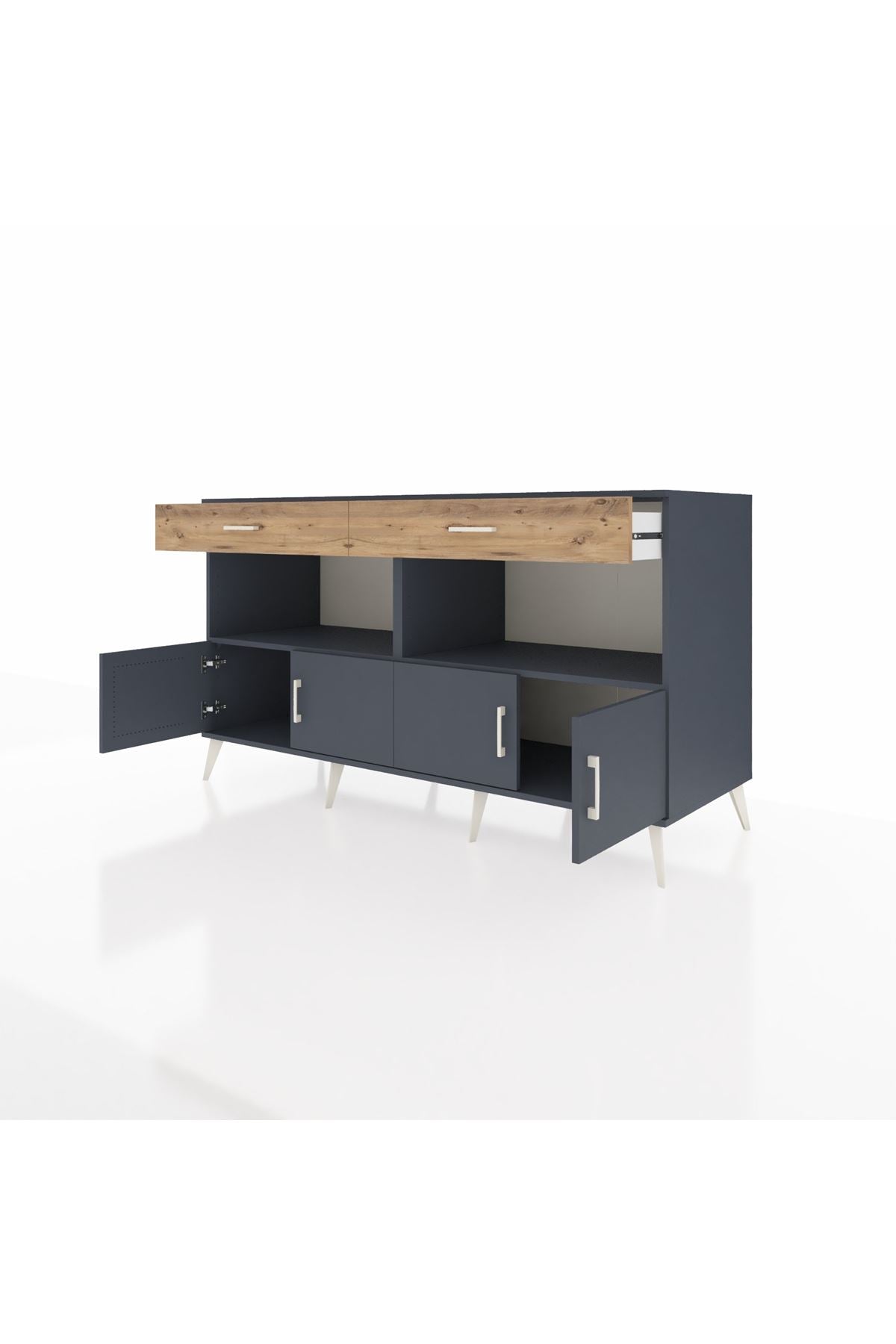 Kronos Konsol 2 Raflı 2 Çekmeceli 4 Kapaklı 176x59x99 Antrasit-Antrasit/Çam