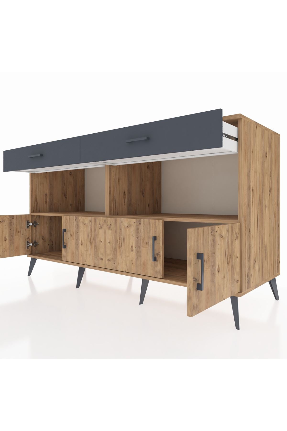 Kronos Konsol 2 Raflı 2 Çekmeceli 4 Kapaklı 176x59x99 Çam-Çam/Antrasit