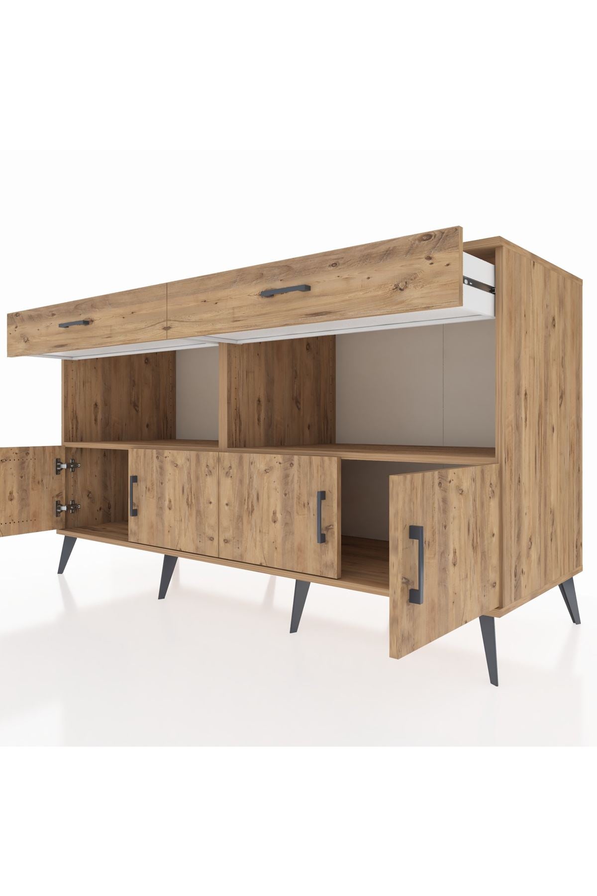 Kronos Konsol 2 Raflı 2 Çekmeceli 4 Kapaklı 176x59x99 Çam-Çam