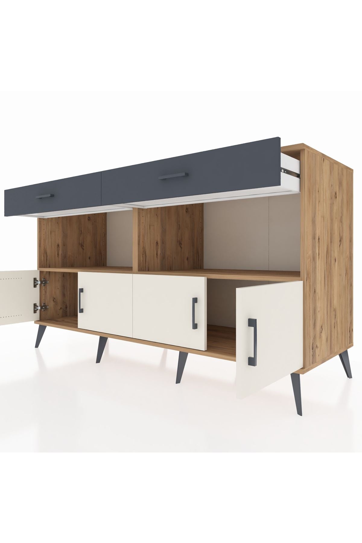 Kronos Konsol 2 Raflı 2 Çekmeceli 4 Kapaklı 176x59x99 Çam-Aytaşı/Antrasit