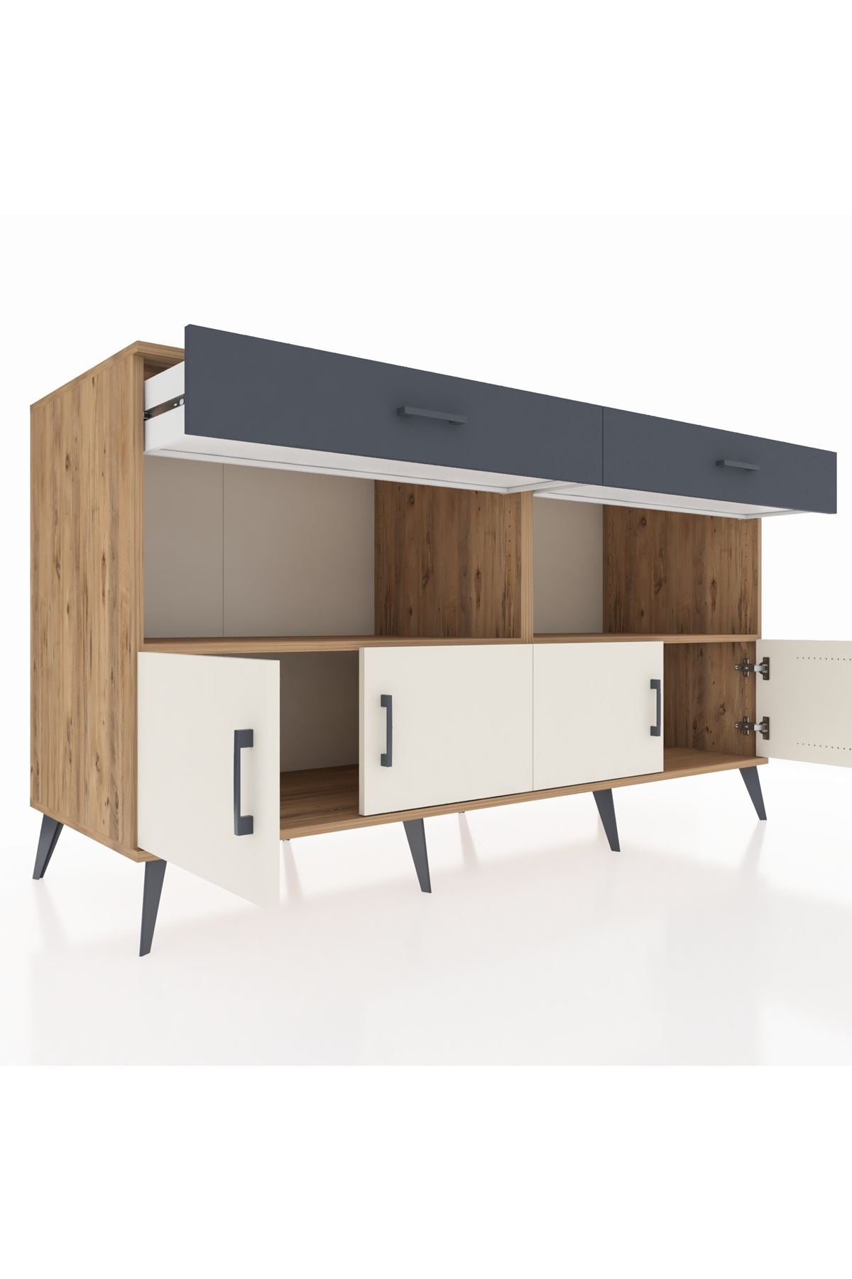 Kronos Konsol 2 Raflı 2 Çekmeceli 4 Kapaklı 176x59x99 Çam-Aytaşı/Antrasit