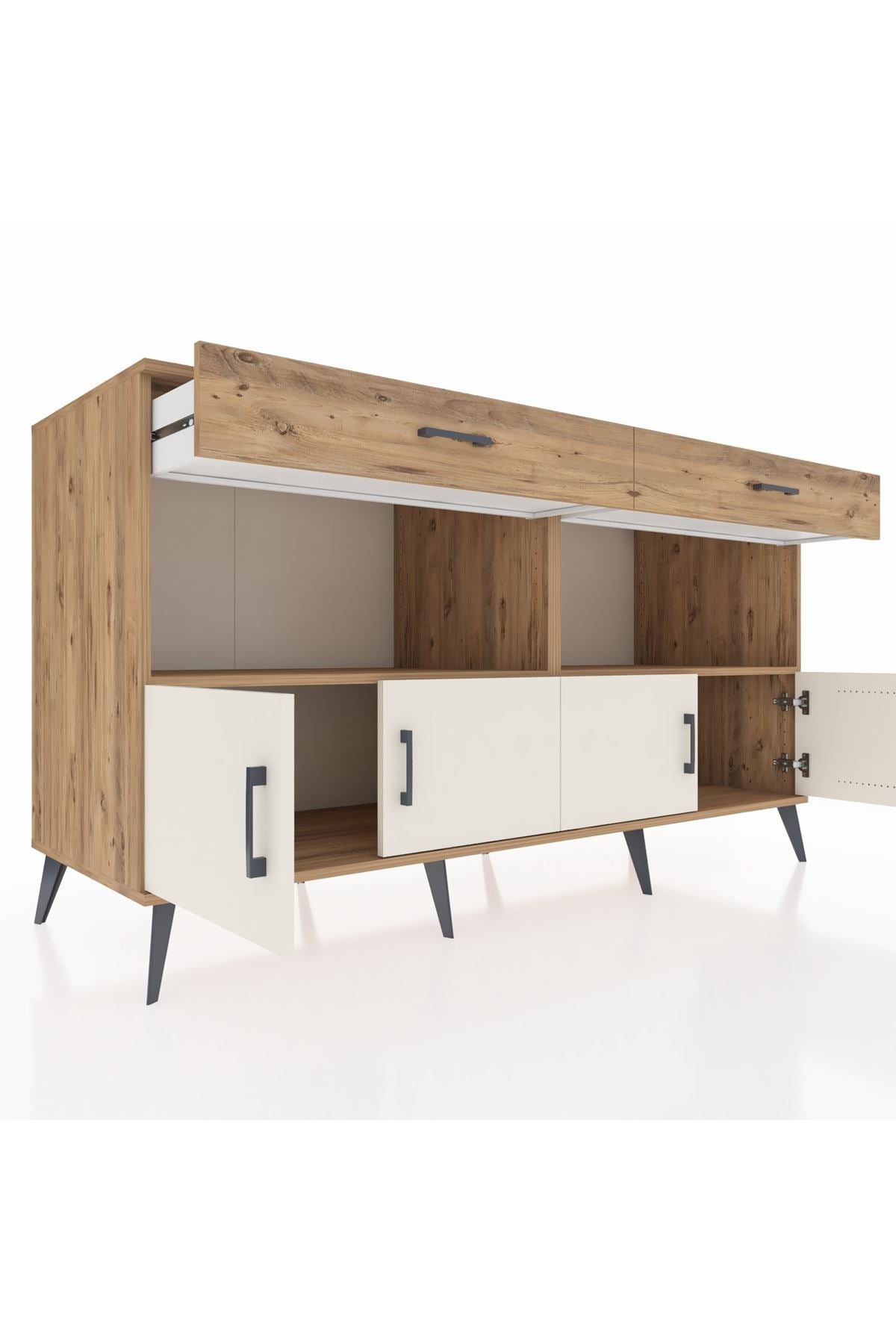 Kronos Konsol 2 Raflı 2 Çekmeceli 4 Kapaklı 176x59x99 Çam-Aytaşı/Çam