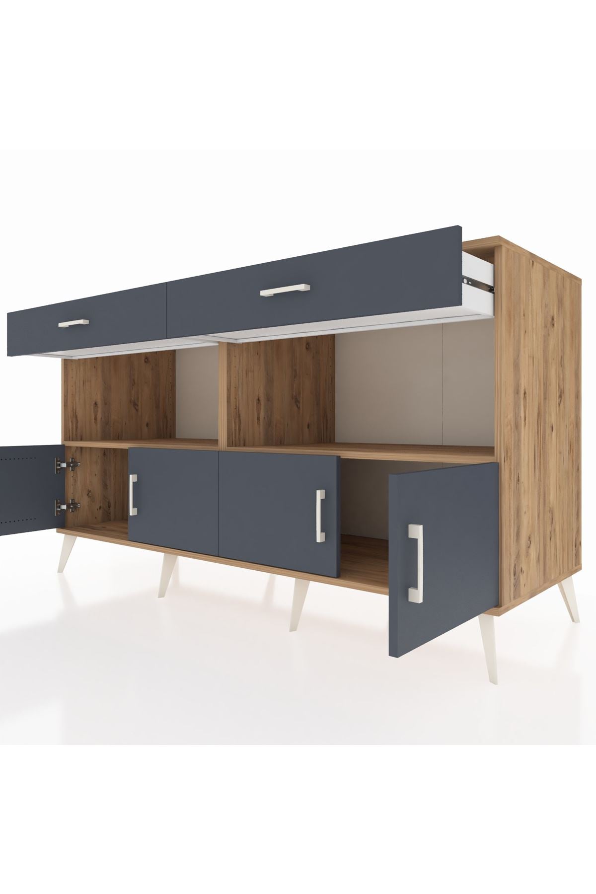 Kronos Konsol 2 Raflı 2 Çekmeceli 4 Kapaklı 176x59x99 Çam-Antrasit