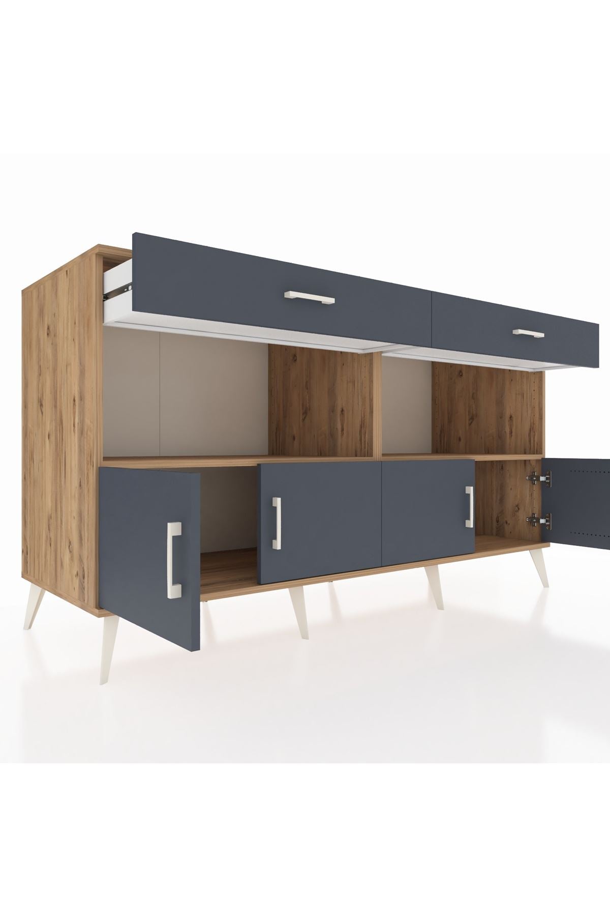 Kronos Konsol 2 Raflı 2 Çekmeceli 4 Kapaklı 176x59x99 Çam-Antrasit