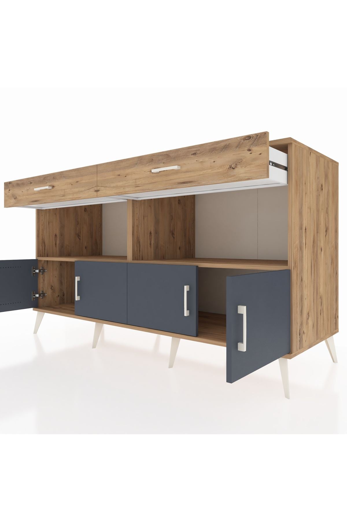 Kronos Konsol 2 Raflı 2 Çekmeceli 4 Kapaklı 176x59x99 Çam-Antrasit/Çam