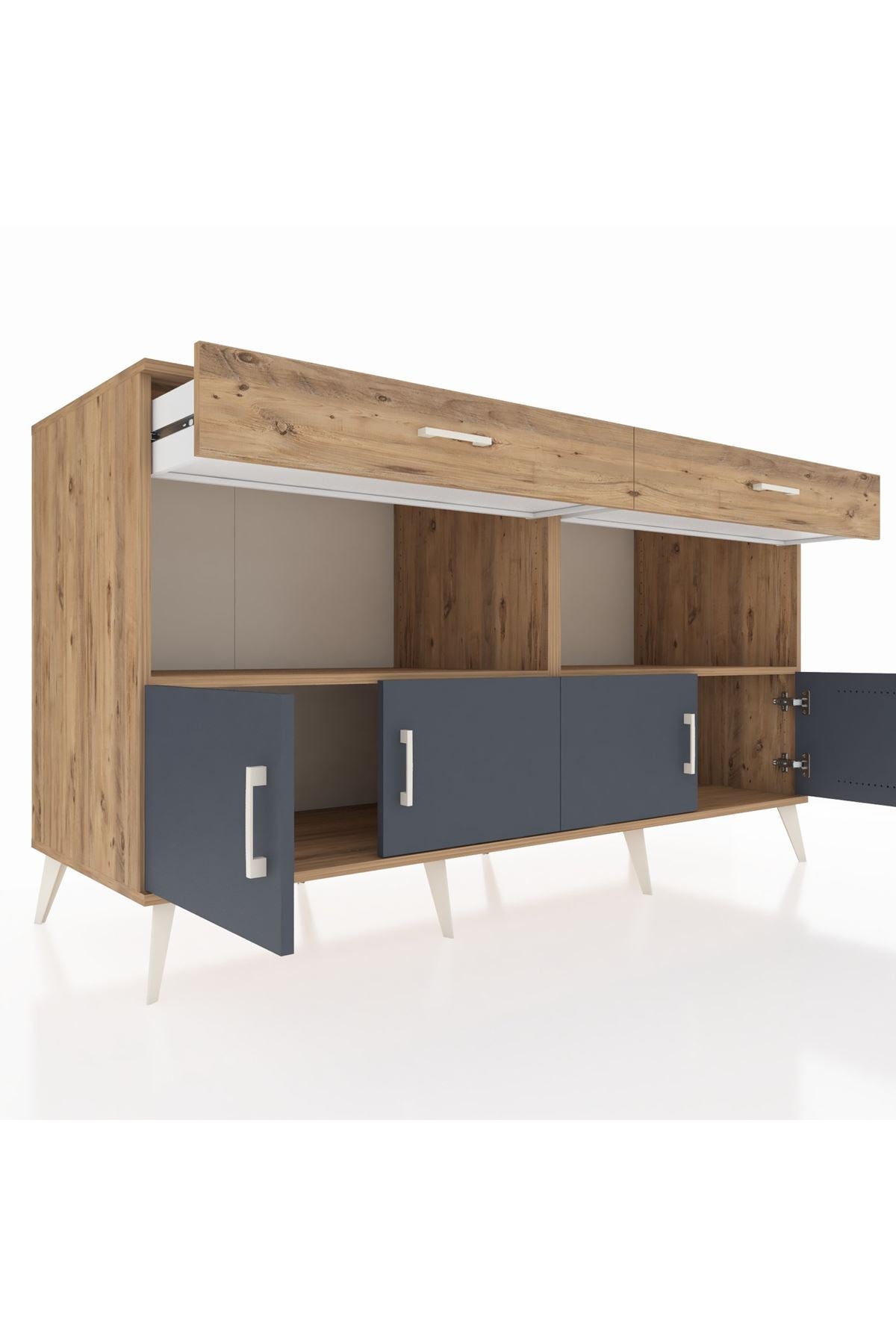 Kronos Konsol 2 Raflı 2 Çekmeceli 4 Kapaklı 176x59x99 Çam-Antrasit/Çam