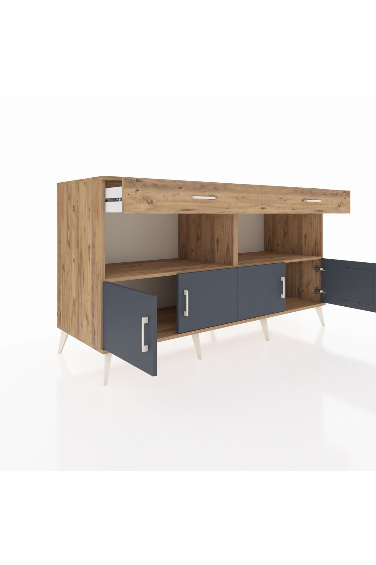 Kronos Konsol 2 Raflı 2 Çekmeceli 4 Kapaklı 176x59x99 Çam-Antrasit/Çam