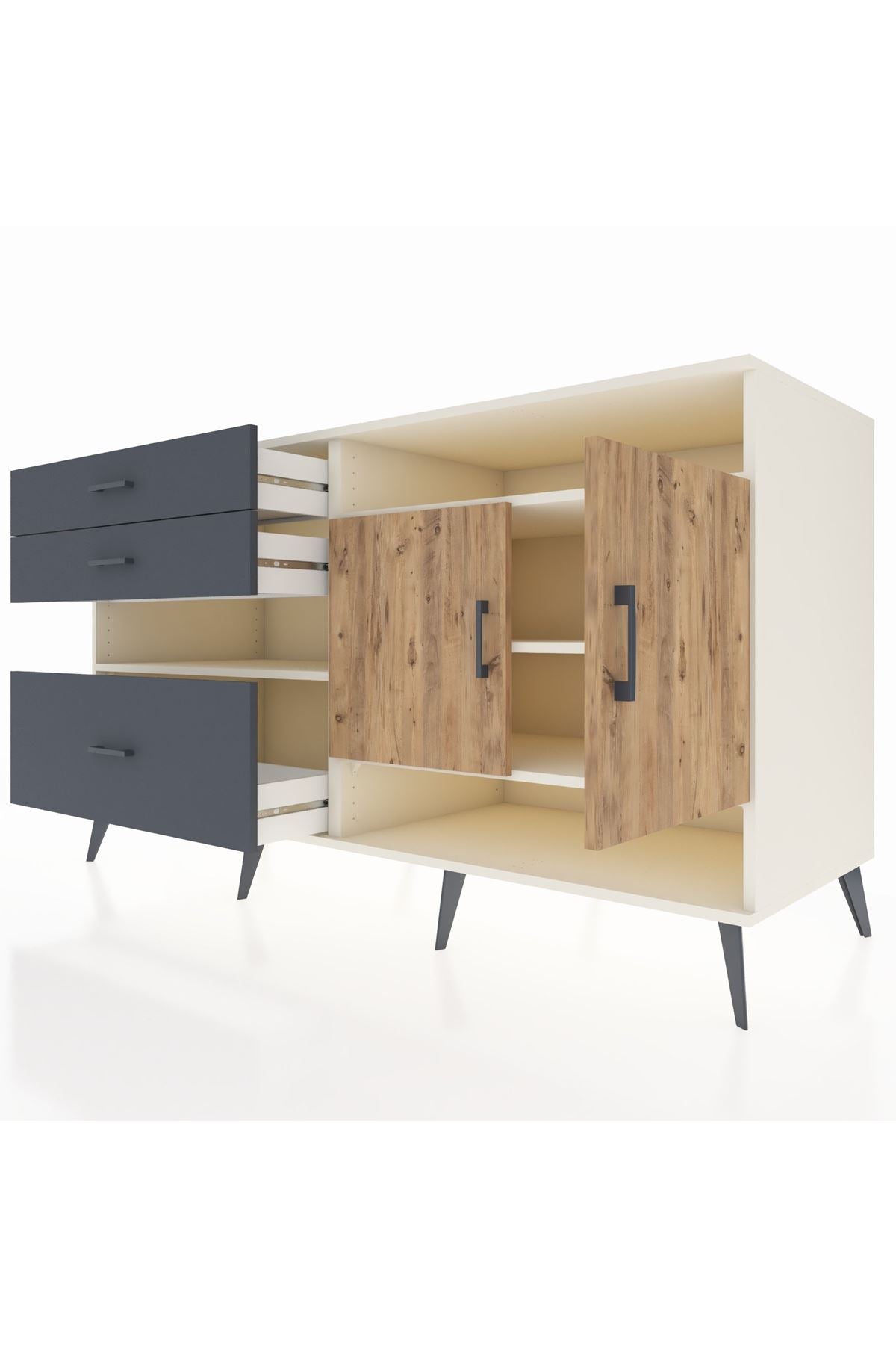 Kronos Konsol 4 Raflı 3 Çekmeceli 2 Kapaklı 176x59x99 Aytaşı-Çam/Antrasit