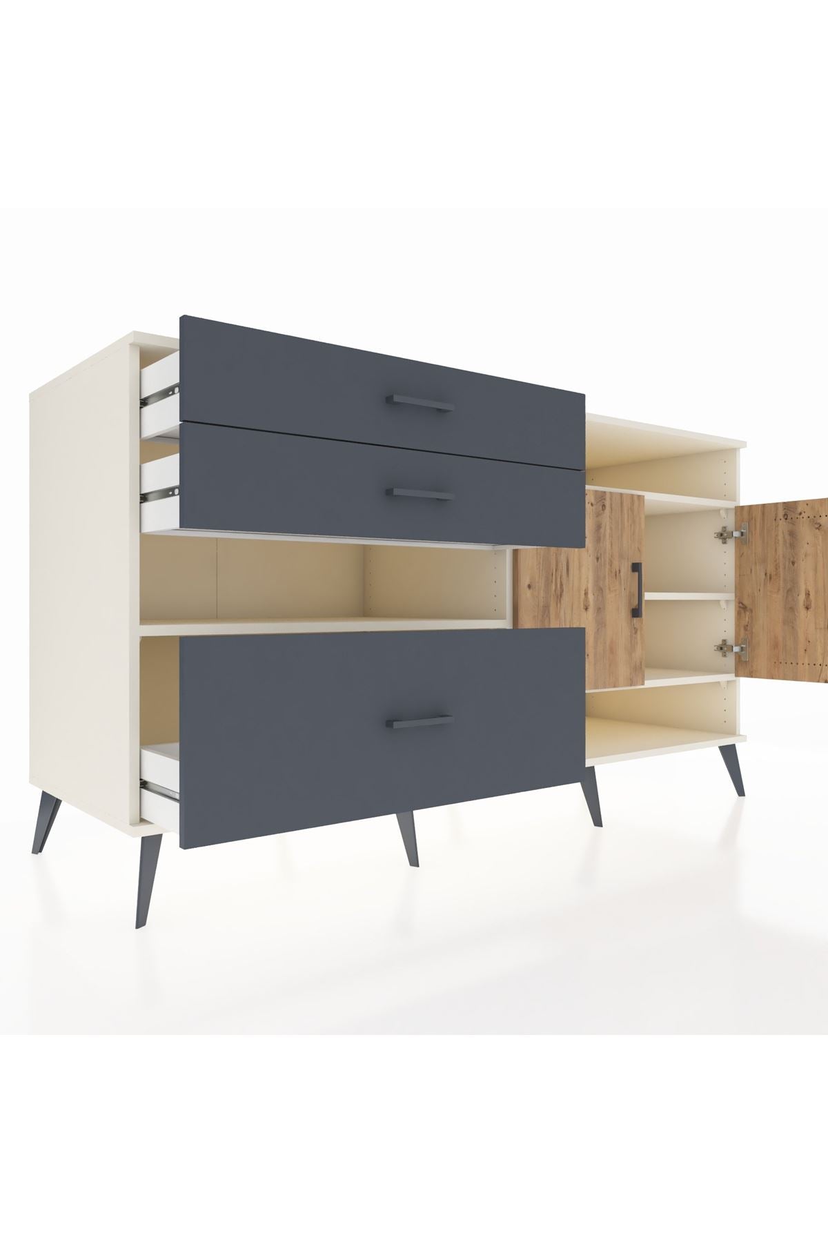 Kronos Konsol 4 Raflı 3 Çekmeceli 2 Kapaklı 176x59x99 Aytaşı-Çam/Antrasit