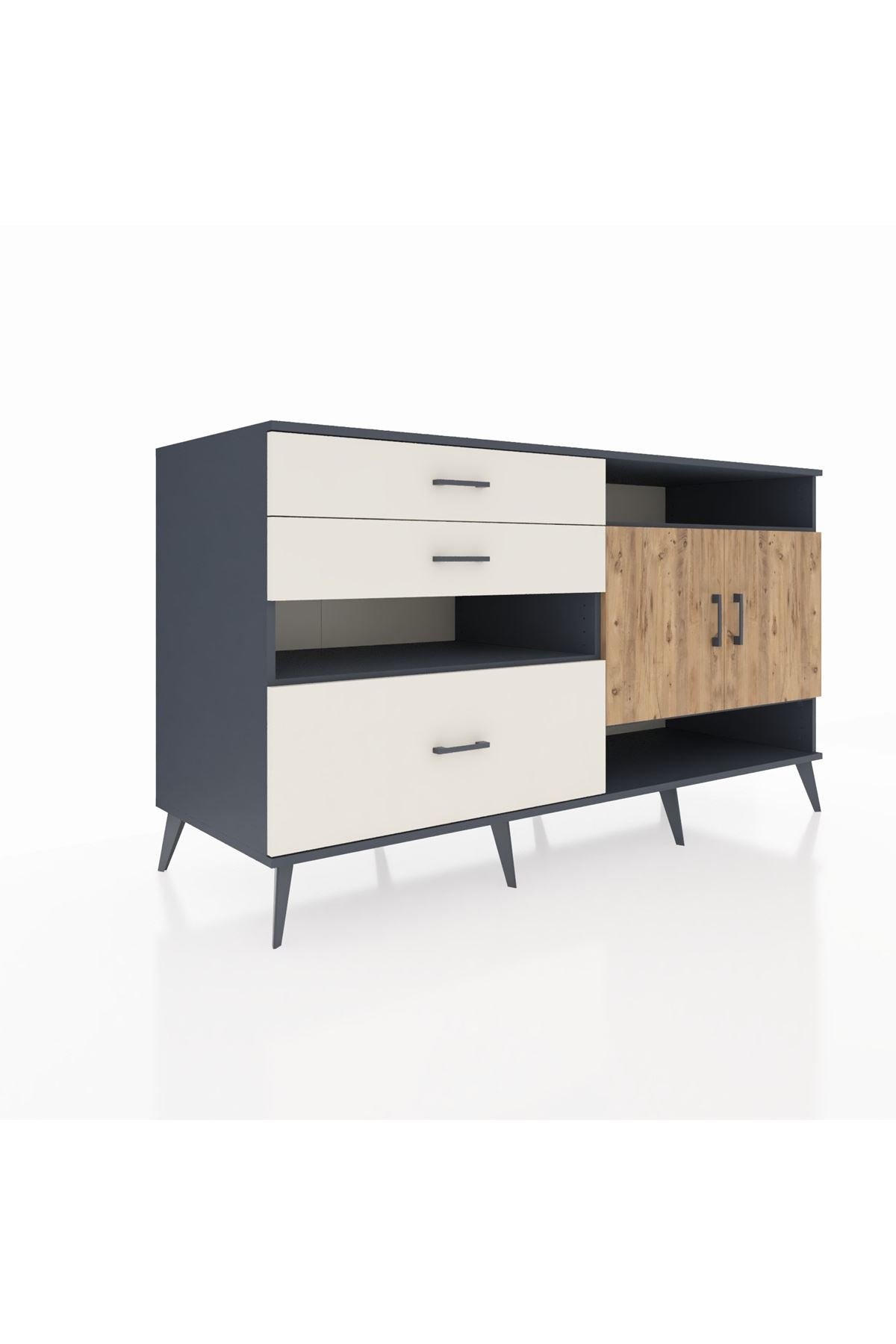 Kronos Konsol 4 Raflı 3 Çekmeceli 2 Kapaklı 176x59x99 Antrasit-Çam/Aytaşı