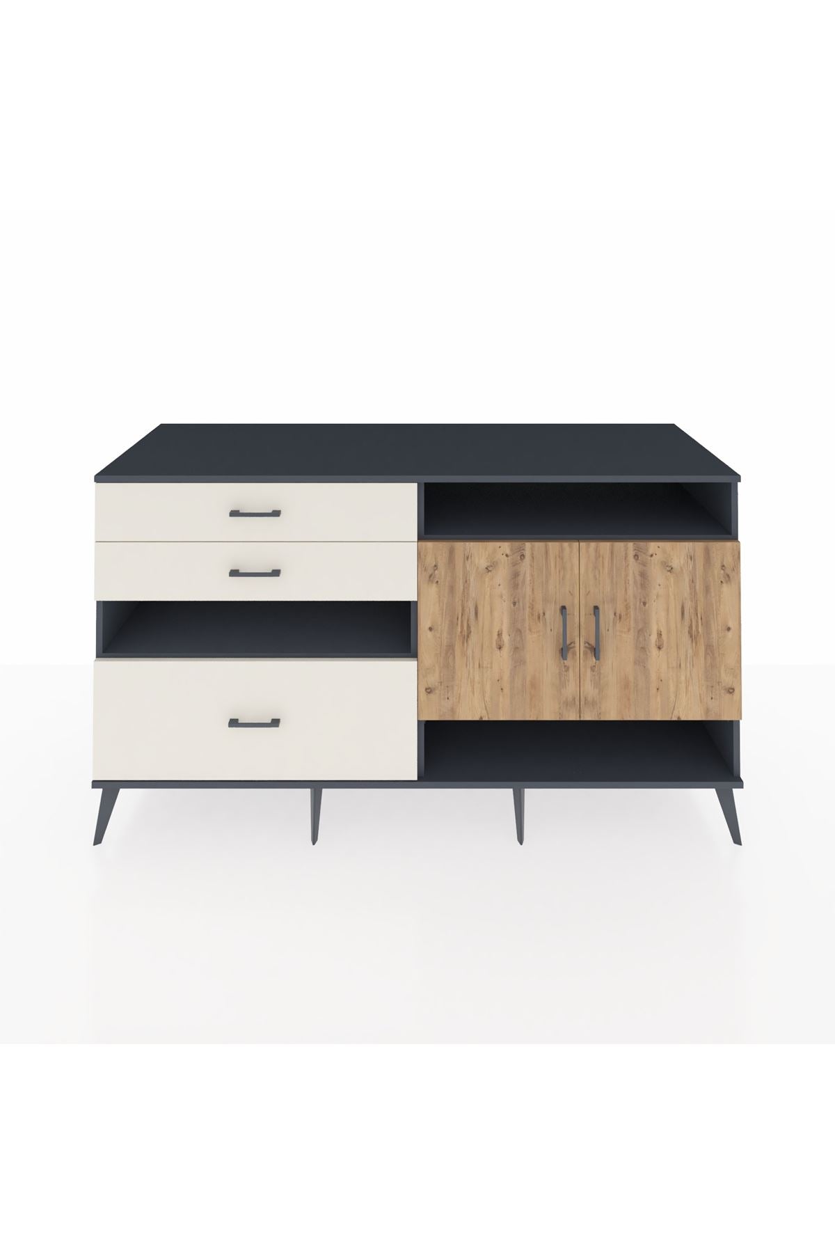 Kronos Konsol 4 Raflı 3 Çekmeceli 2 Kapaklı 176x59x99 Antrasit-Çam/Aytaşı