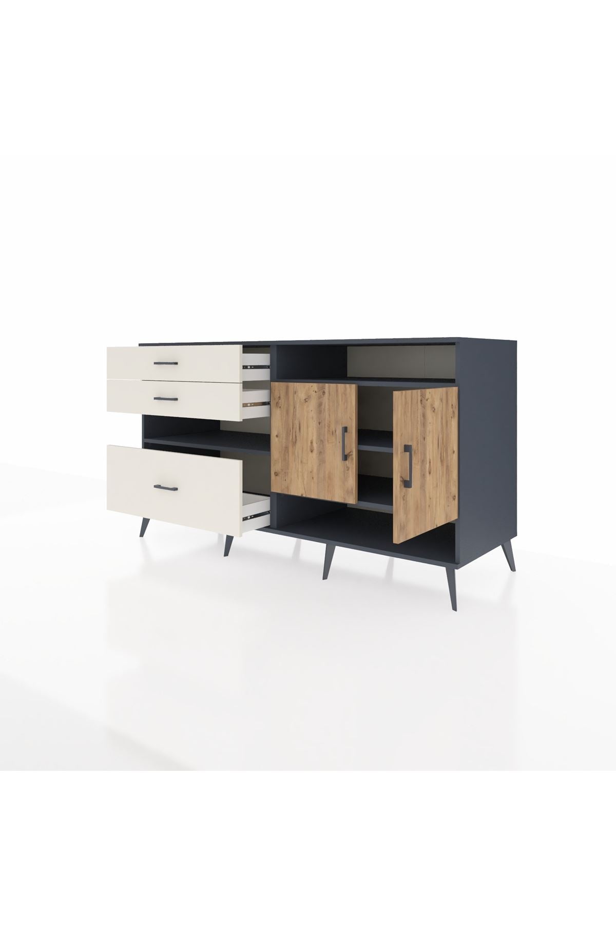 Kronos Konsol 4 Raflı 3 Çekmeceli 2 Kapaklı 176x59x99 Antrasit-Çam/Aytaşı