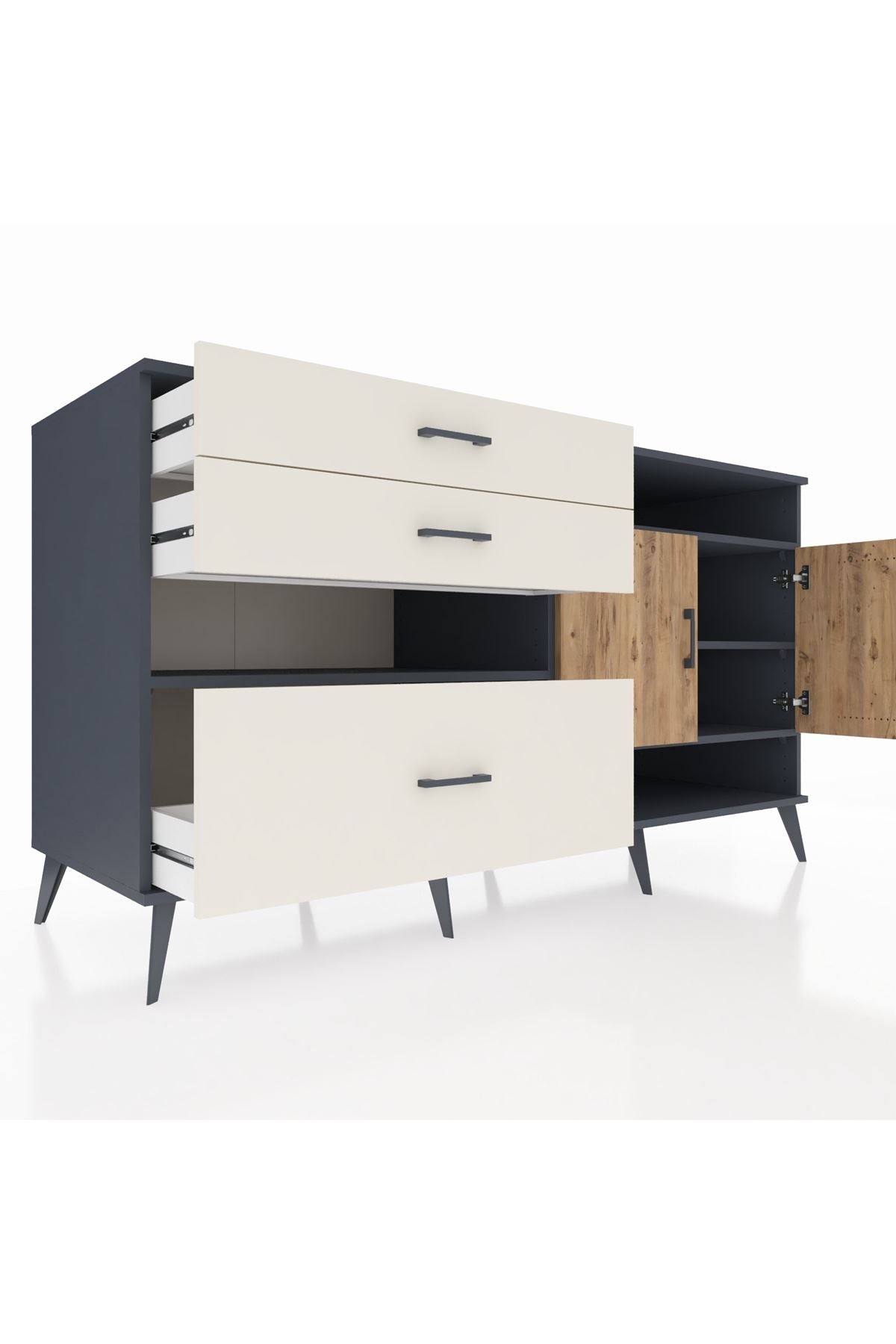 Kronos Konsol 4 Raflı 3 Çekmeceli 2 Kapaklı 176x59x99 Antrasit-Çam/Aytaşı