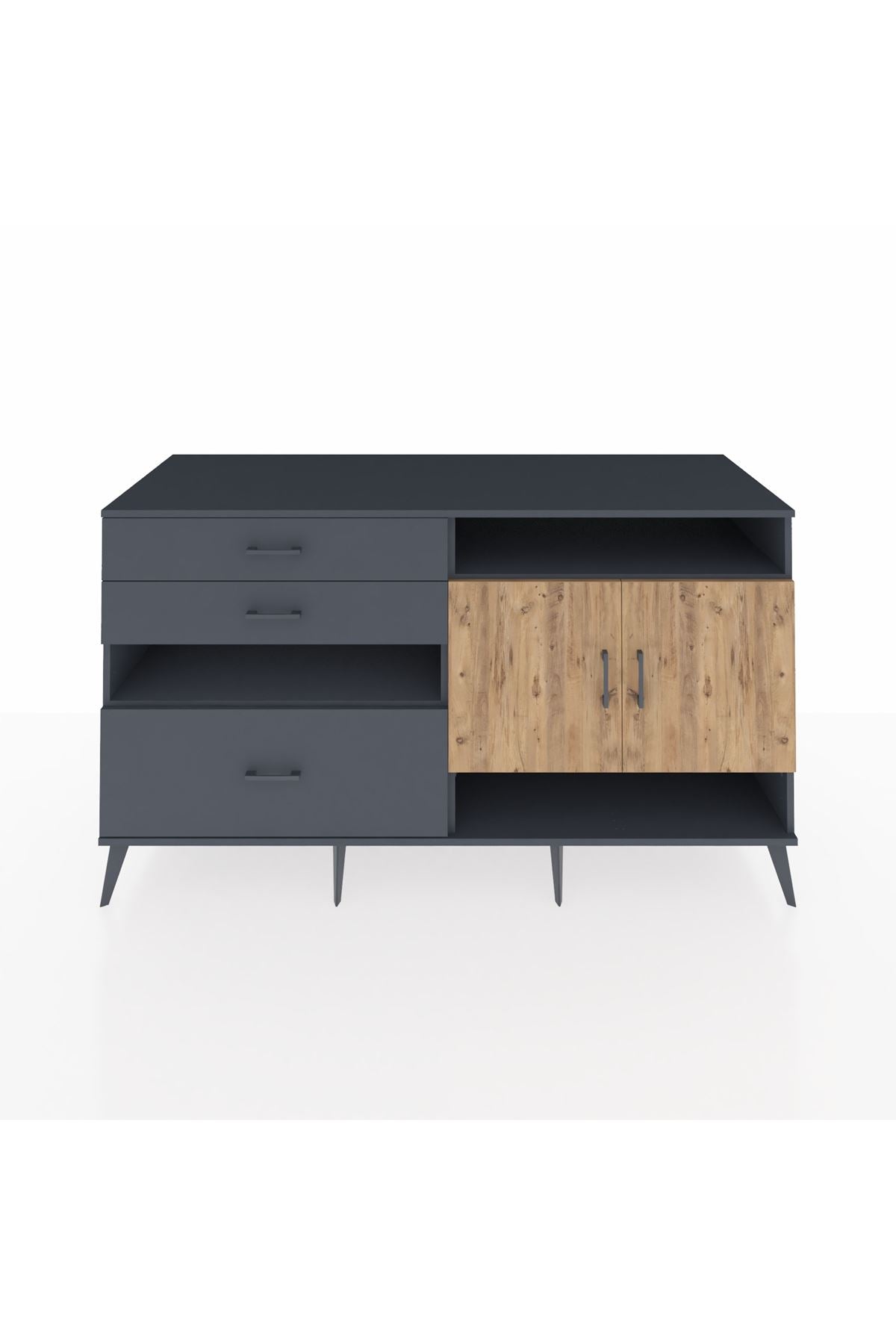 Kronos Konsol 4 Raflı 3 Çekmeceli 2 Kapaklı 176x59x99 Antrasit-Çam/Antrasit