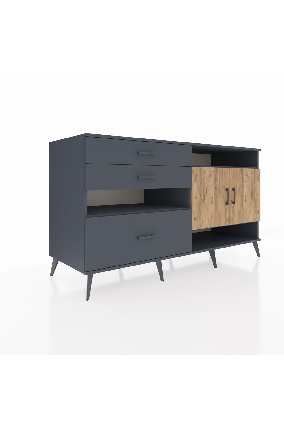 Kronos Konsol 4 Raflı 3 Çekmeceli 2 Kapaklı 176x59x99 Antrasit-Çam/Antrasit