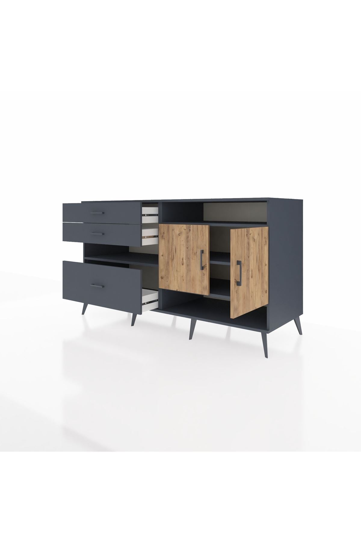 Kronos Konsol 4 Raflı 3 Çekmeceli 2 Kapaklı 176x59x99 Antrasit-Çam/Antrasit