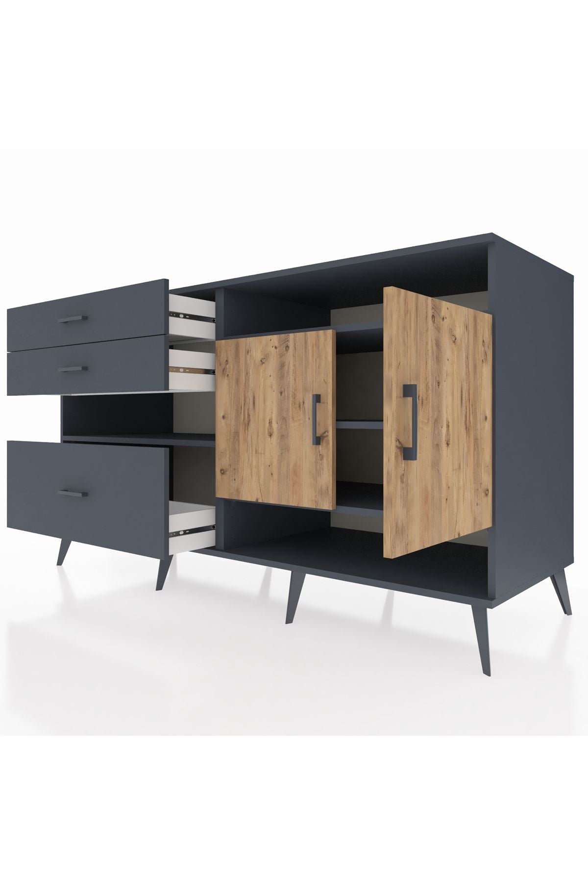 Kronos Konsol 4 Raflı 3 Çekmeceli 2 Kapaklı 176x59x99 Antrasit-Çam/Antrasit