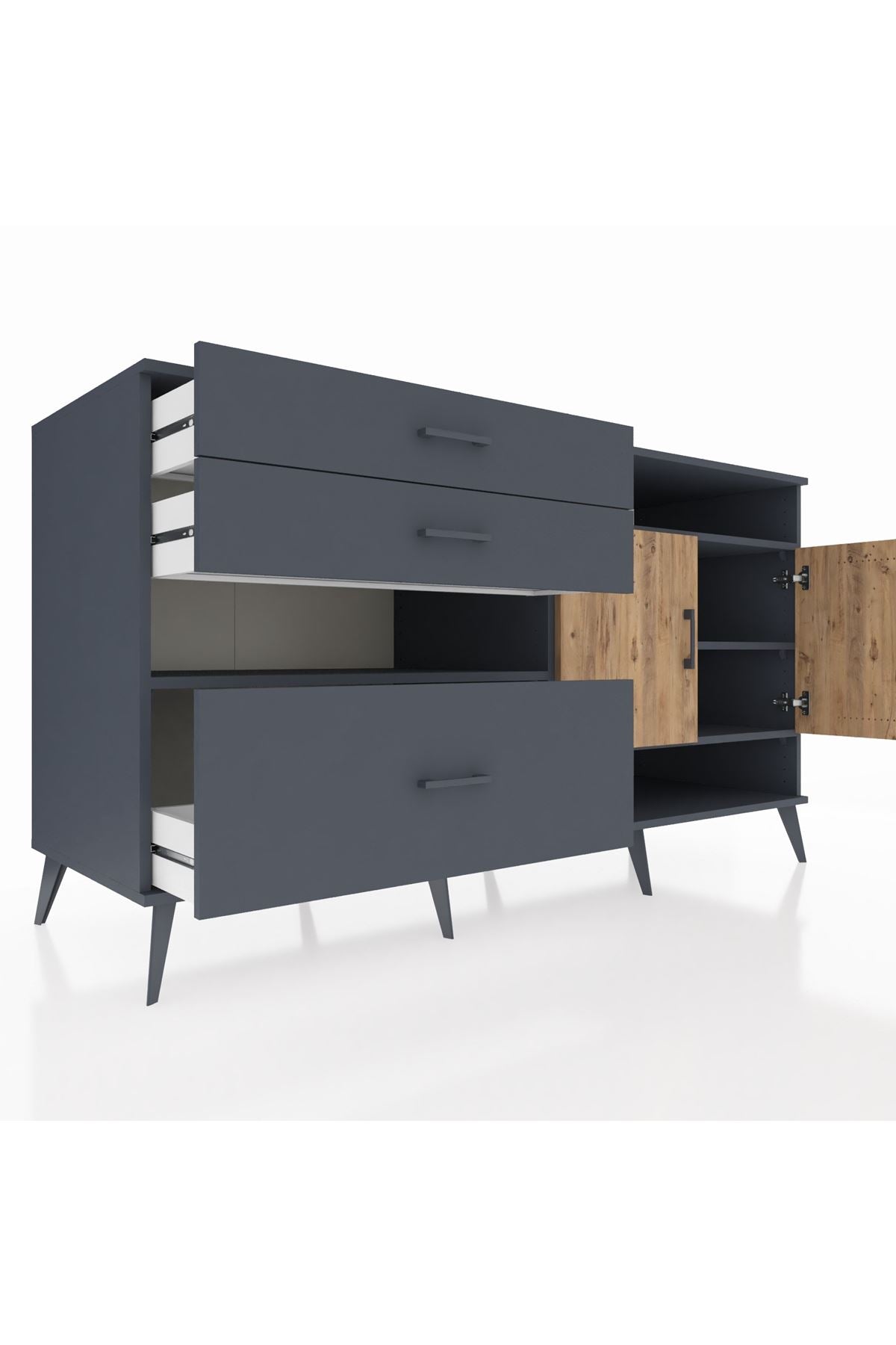 Kronos Konsol 4 Raflı 3 Çekmeceli 2 Kapaklı 176x59x99 Antrasit-Çam/Antrasit