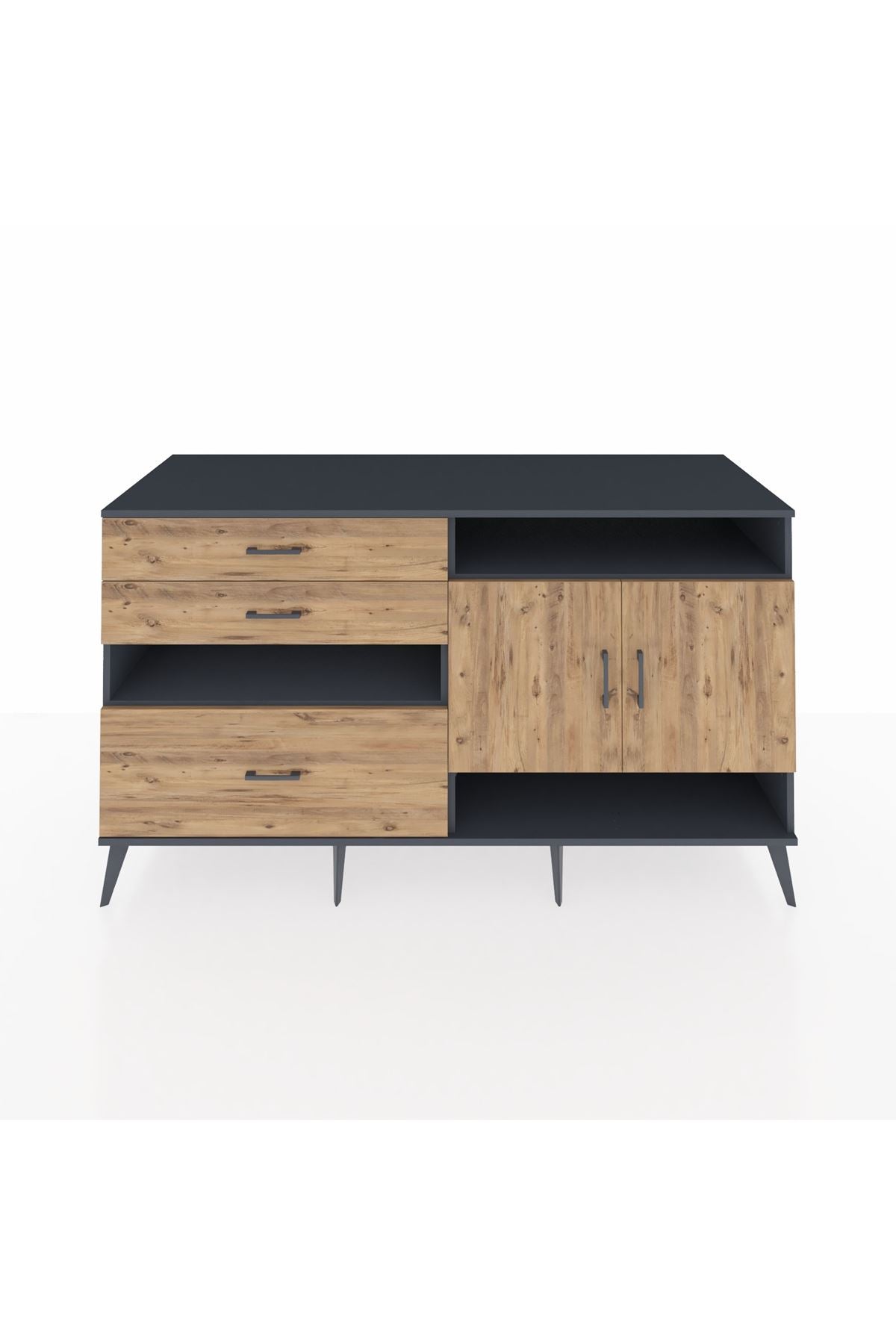 Kronos Konsol 4 Raflı 3 Çekmeceli 2 Kapaklı 176x59x99 Antrasit-Çam