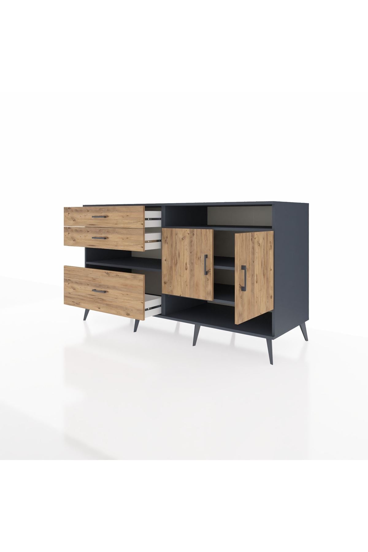 Kronos Konsol 4 Raflı 3 Çekmeceli 2 Kapaklı 176x59x99 Antrasit-Çam