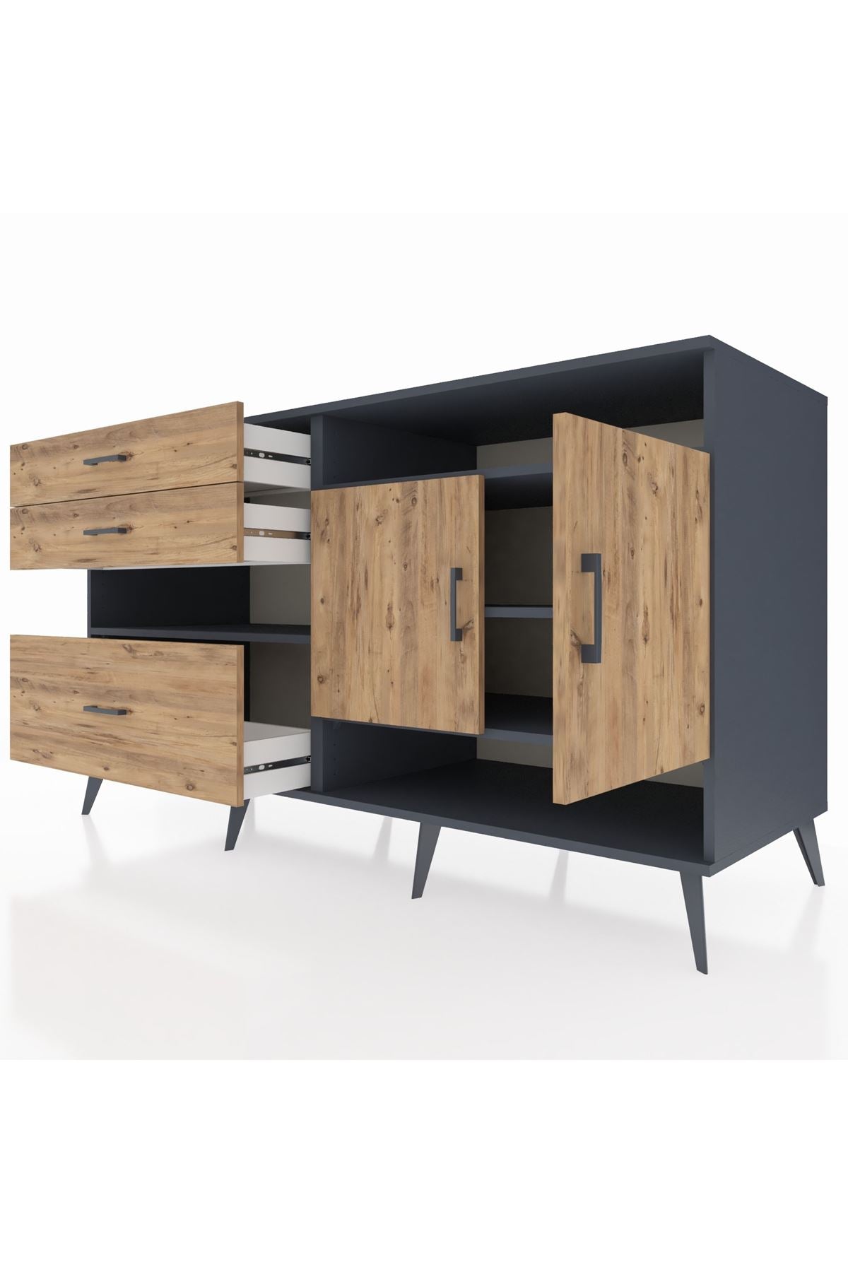 Kronos Konsol 4 Raflı 3 Çekmeceli 2 Kapaklı 176x59x99 Antrasit-Çam