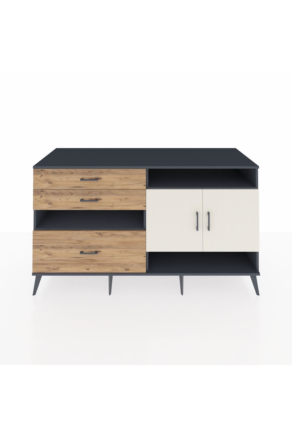 Kronos Konsol 4 Raflı 3 Çekmeceli 2 Kapaklı 176x59x99 Antrasit-Aytaşı/Çam