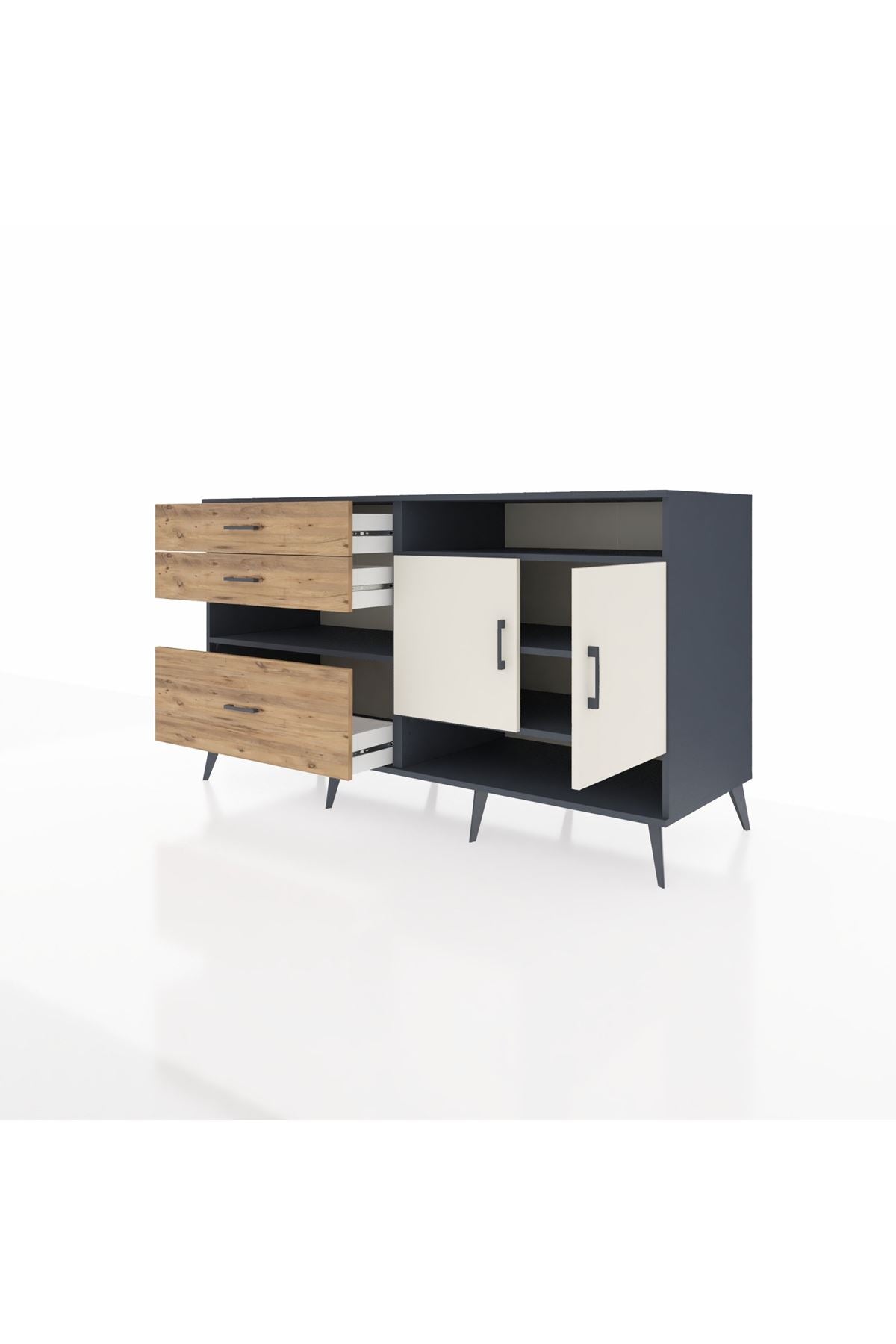 Kronos Konsol 4 Raflı 3 Çekmeceli 2 Kapaklı 176x59x99 Antrasit-Aytaşı/Çam