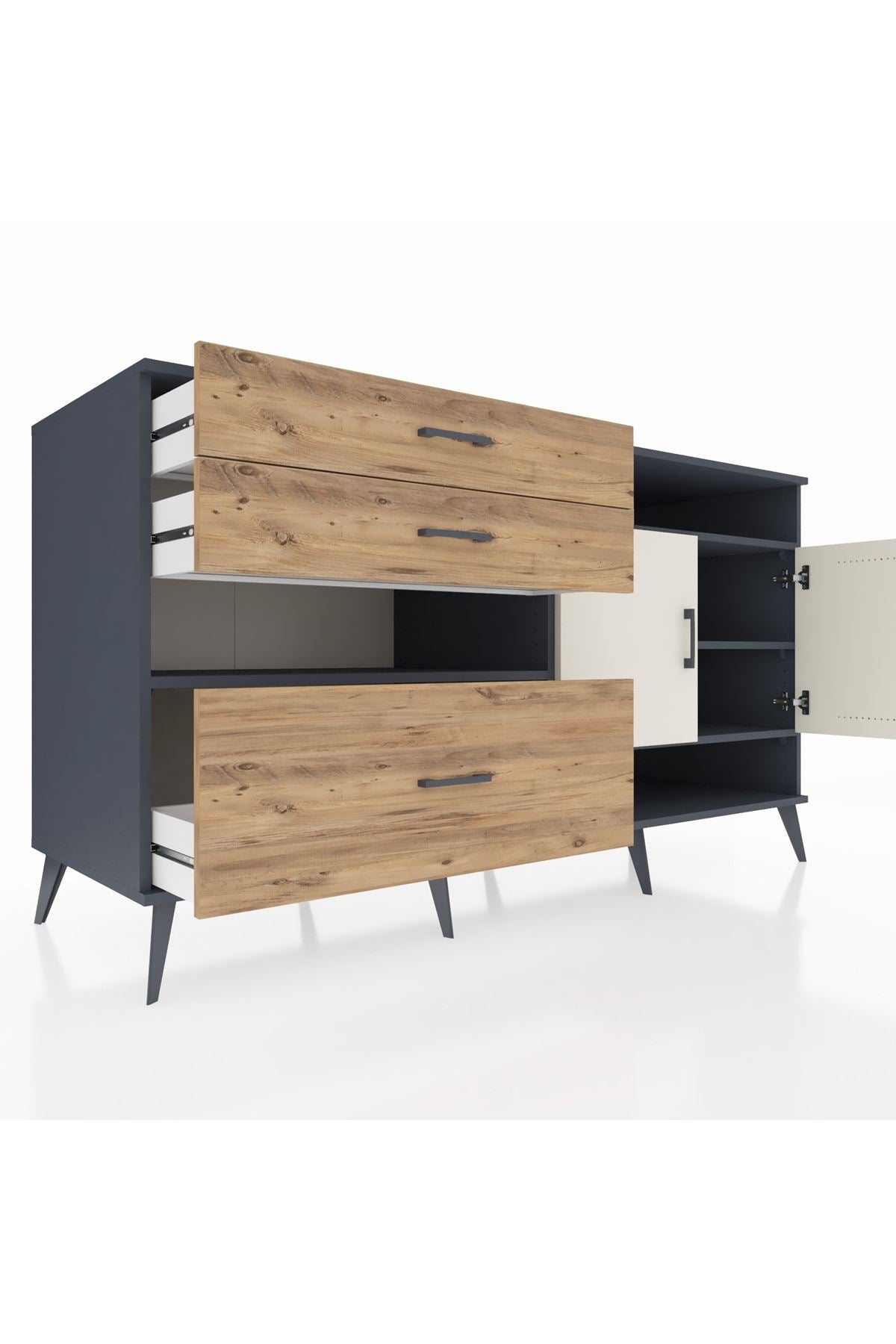 Kronos Konsol 4 Raflı 3 Çekmeceli 2 Kapaklı 176x59x99 Antrasit-Aytaşı/Çam