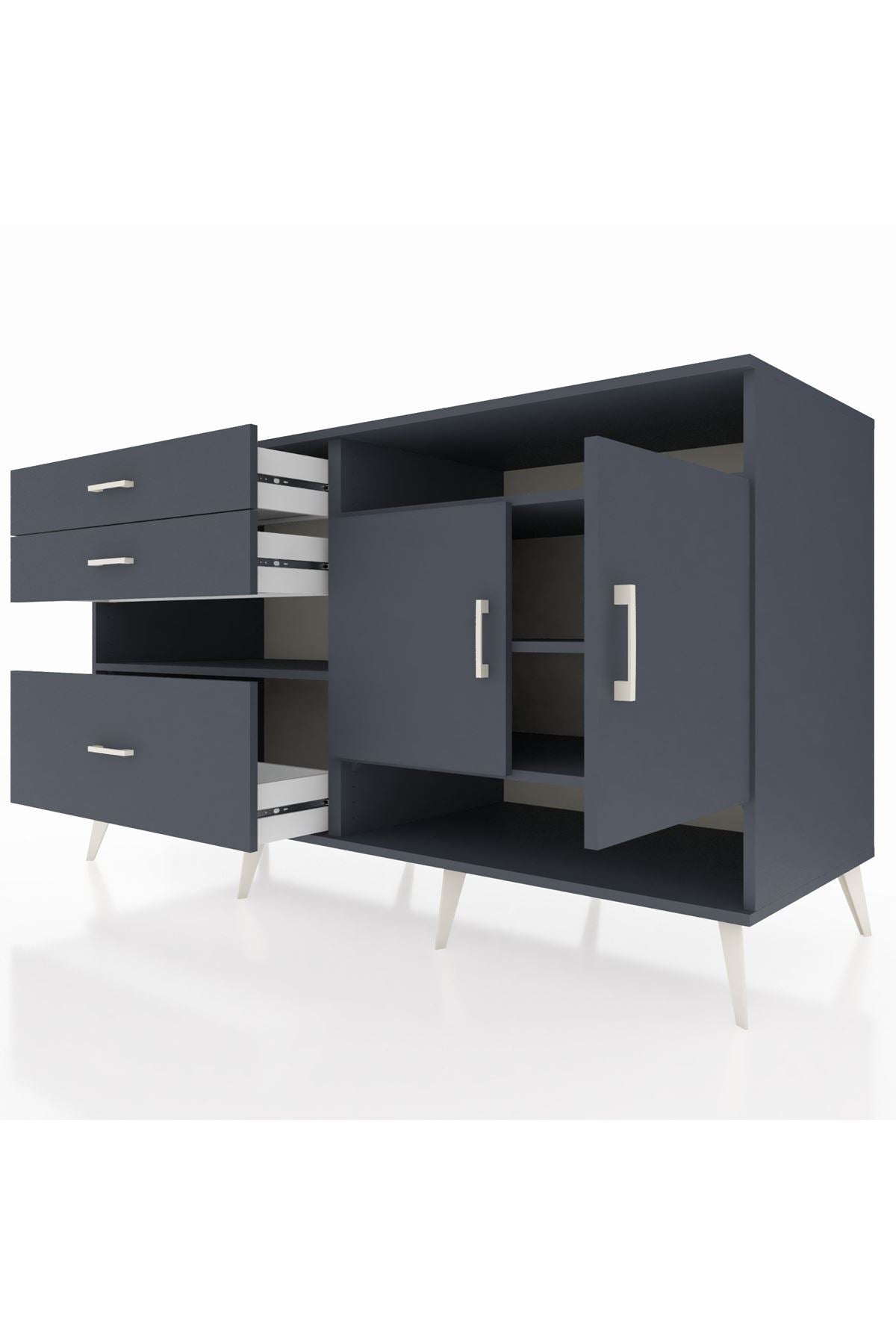 Kronos Konsol 4 Raflı 3 Çekmeceli 2 Kapaklı 176x59x99 Antrasit-Antrasit