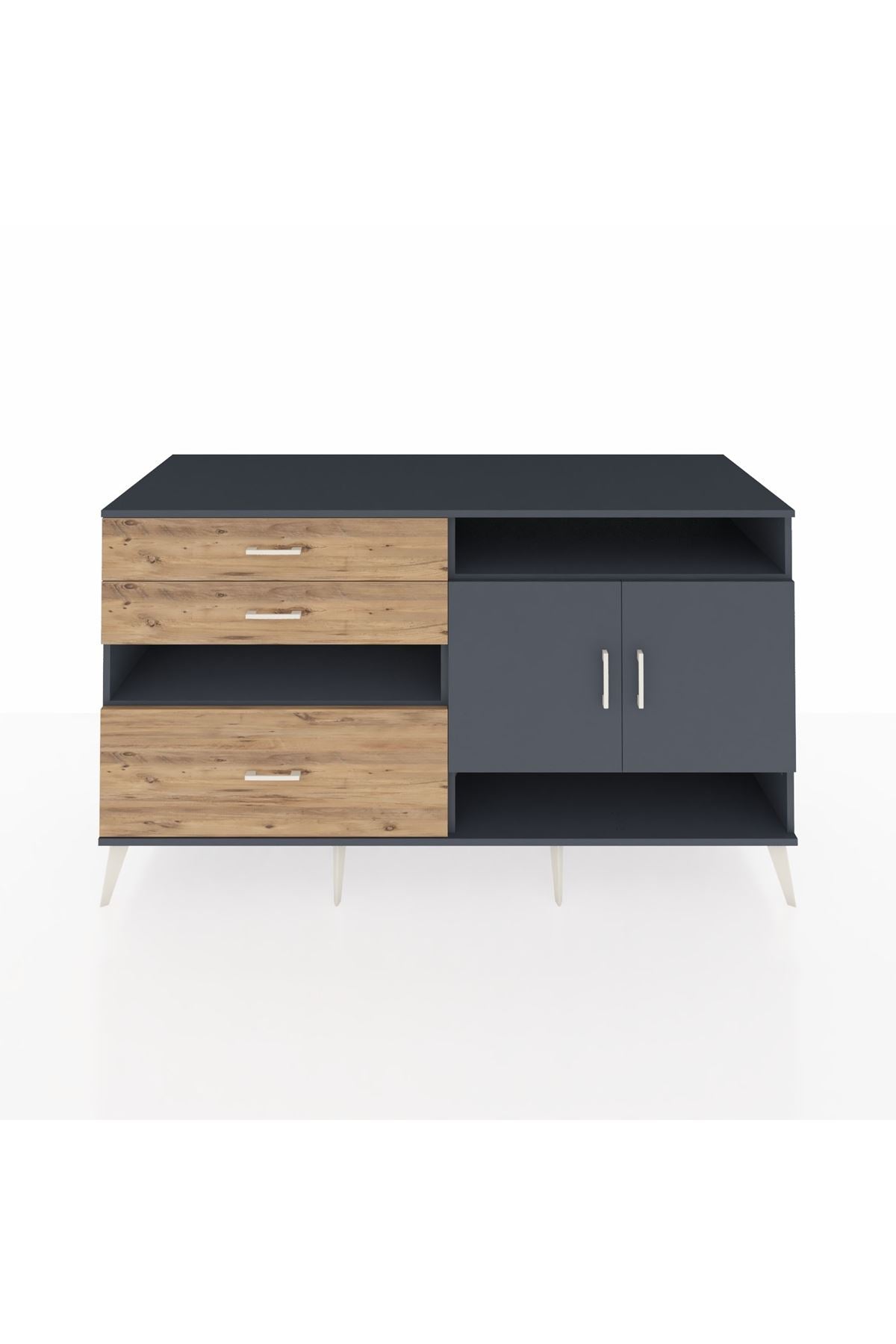 Kronos Konsol 4 Raflı 3 Çekmeceli 2 Kapaklı 176x59x99 Antrasit-Antrasit/Çam