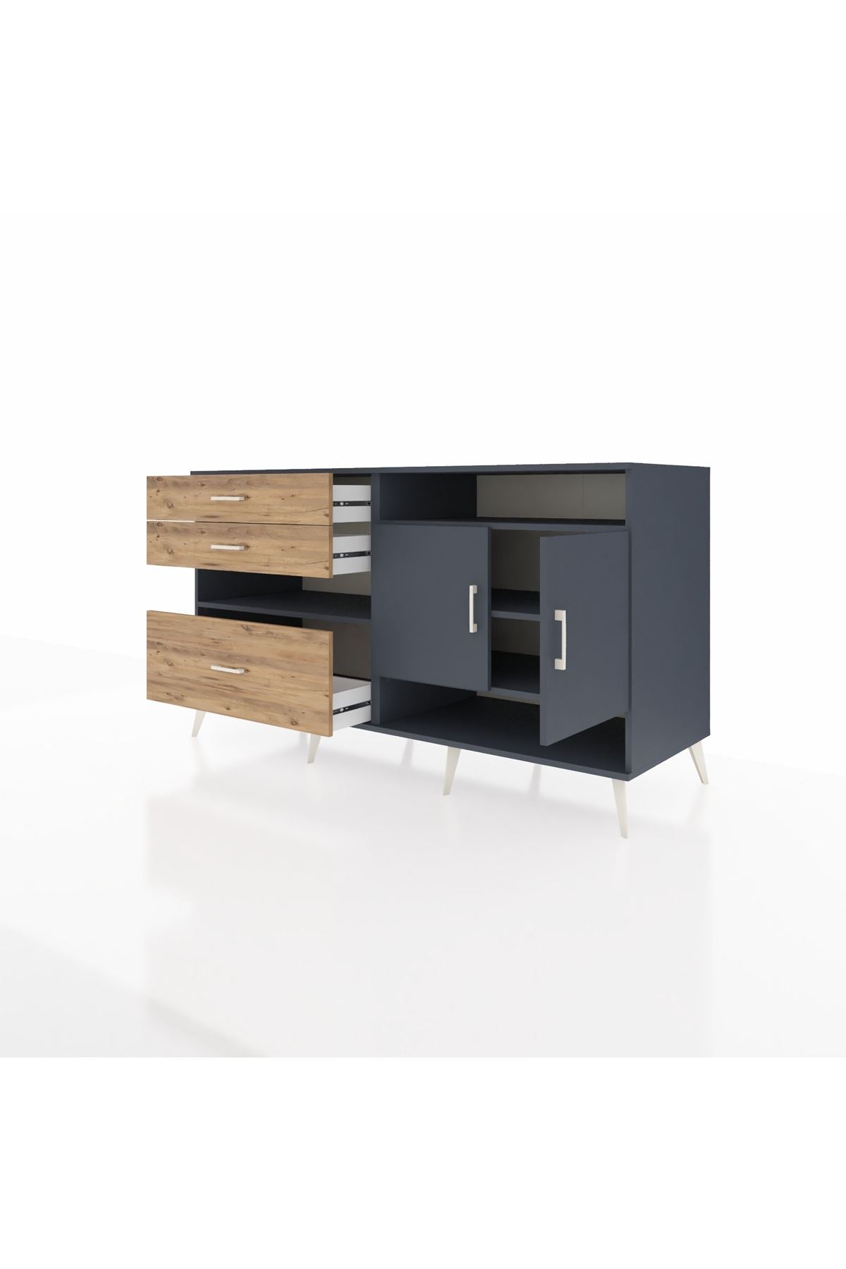 Kronos Konsol 4 Raflı 3 Çekmeceli 2 Kapaklı 176x59x99 Antrasit-Antrasit/Çam