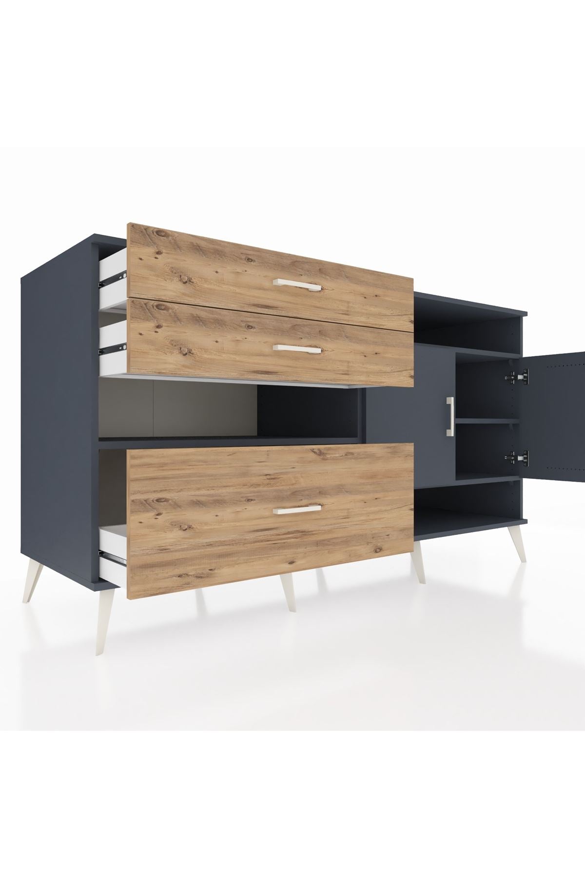 Kronos Konsol 4 Raflı 3 Çekmeceli 2 Kapaklı 176x59x99 Antrasit-Antrasit/Çam