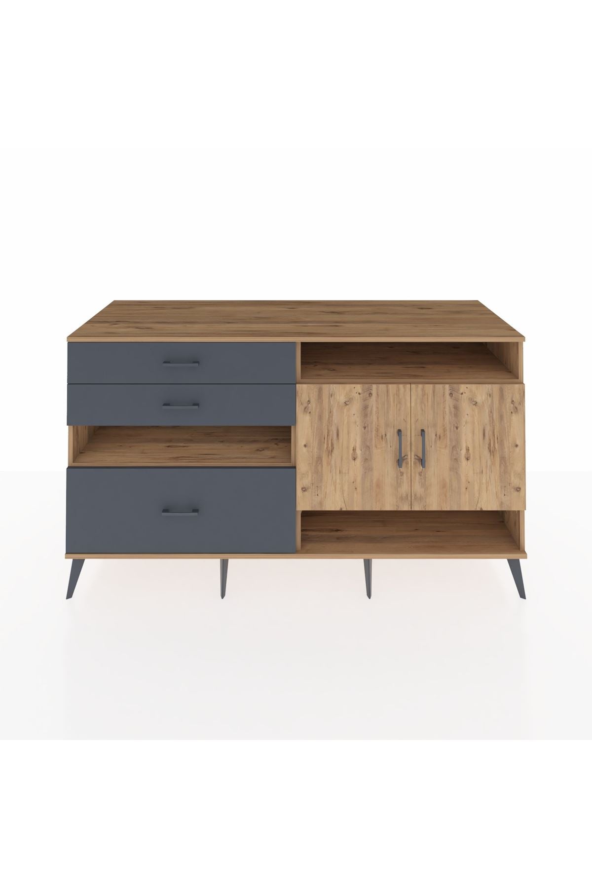 Kronos Konsol 4 Raflı 3 Çekmeceli 2 Kapaklı 176x59x99 Çam-Çam/Antrasit