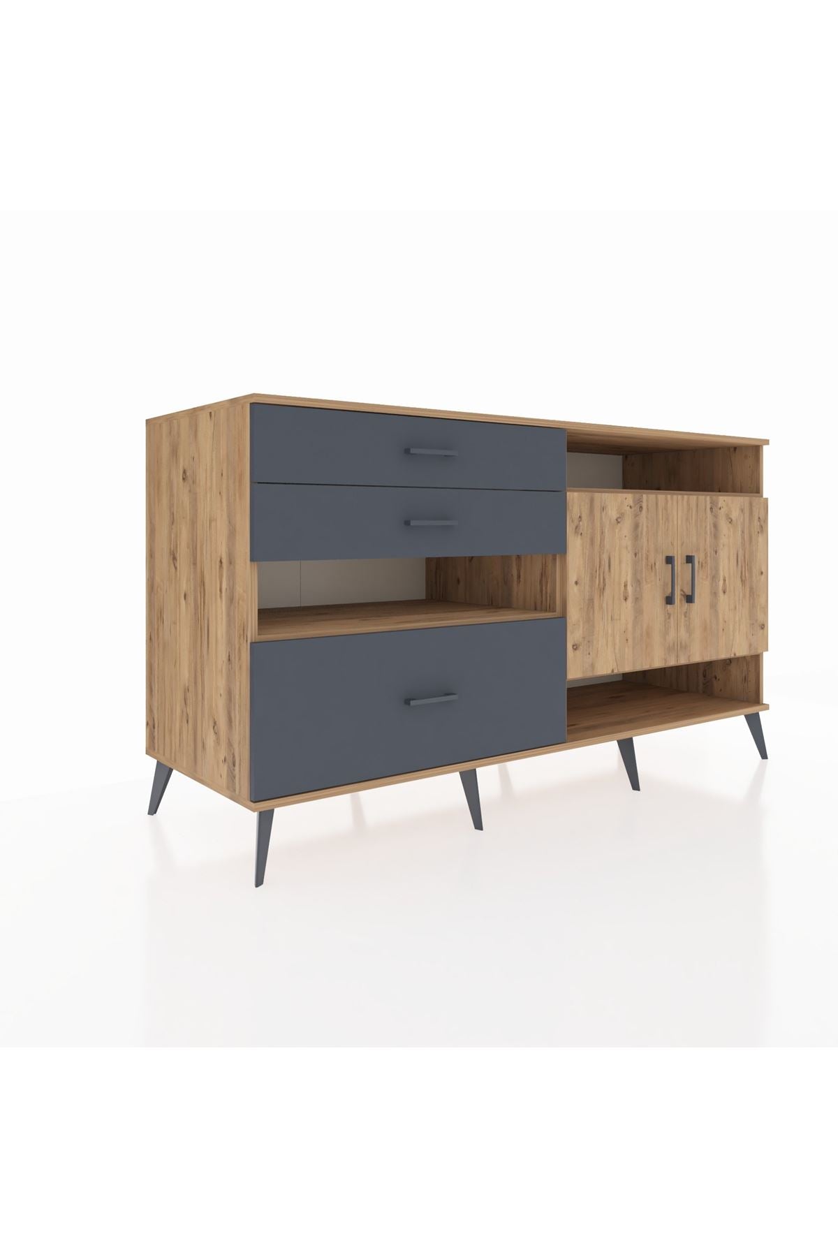 Kronos Konsol 4 Raflı 3 Çekmeceli 2 Kapaklı 176x59x99 Çam-Çam/Antrasit