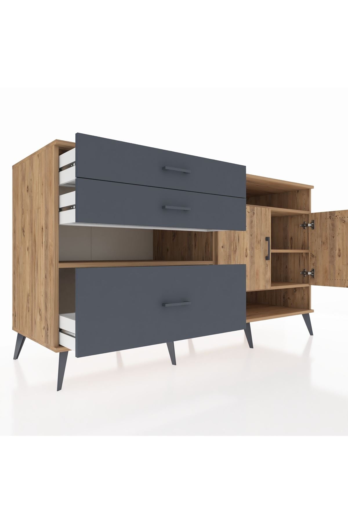 Kronos Konsol 4 Raflı 3 Çekmeceli 2 Kapaklı 176x59x99 Çam-Çam/Antrasit