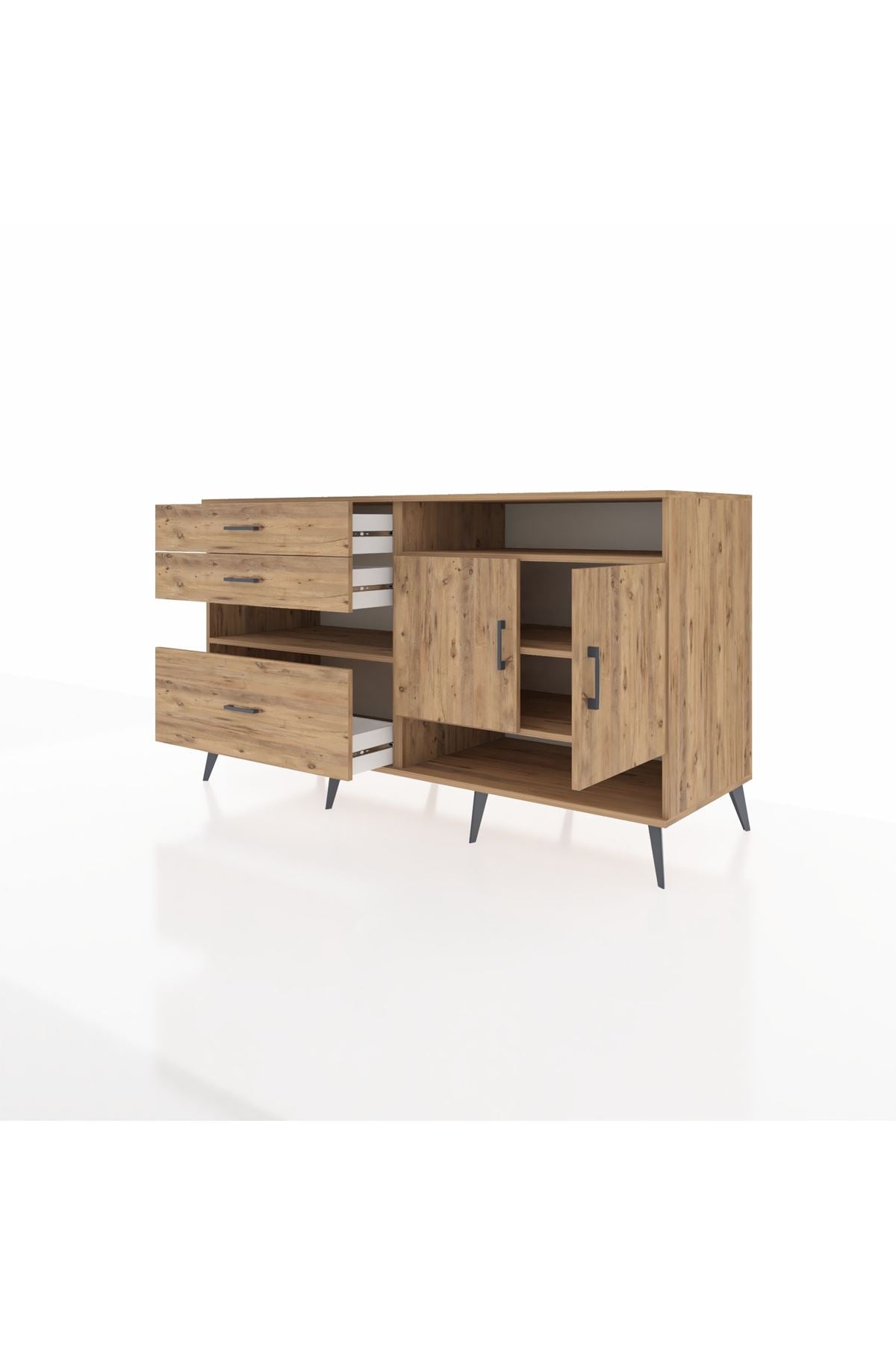 Kronos Konsol 4 Raflı 3 Çekmeceli 2 Kapaklı 176x59x99 Çam-Çam