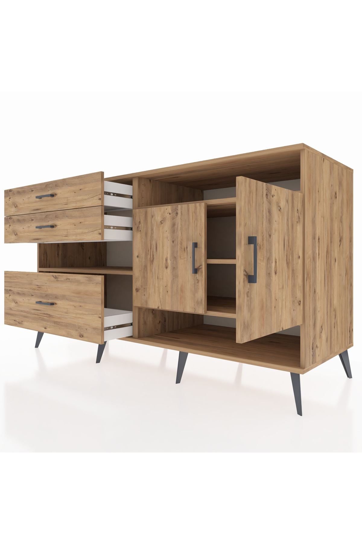 Kronos Konsol 4 Raflı 3 Çekmeceli 2 Kapaklı 176x59x99 Çam-Çam